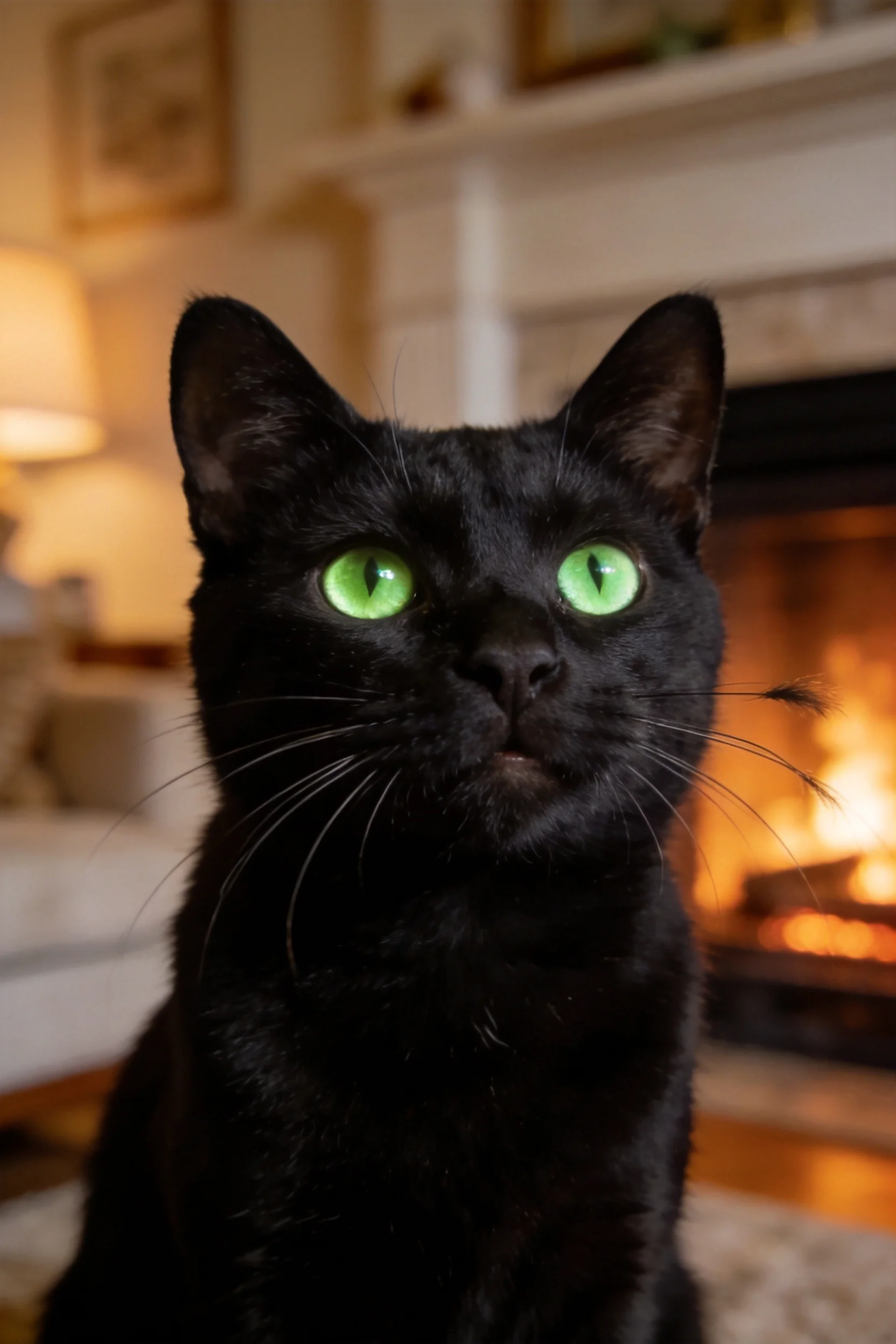 短毛黑猫拥有明亮的绿色眼睛，黑色的皮毛光滑且带有光泽，正安静地注视着前方。