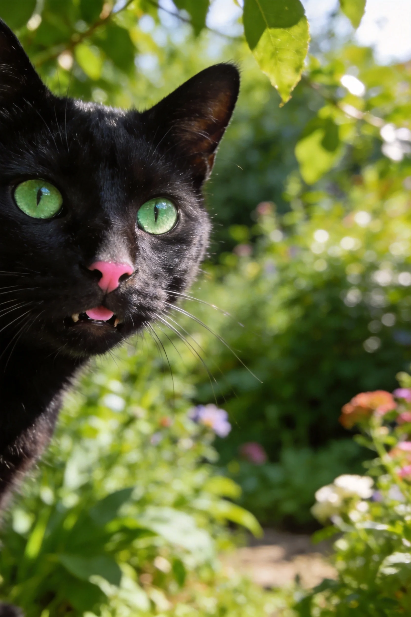 一只短毛黑猫,绿色眼瞳明亮,鼻端呈淡粉色,处于花园环境中。