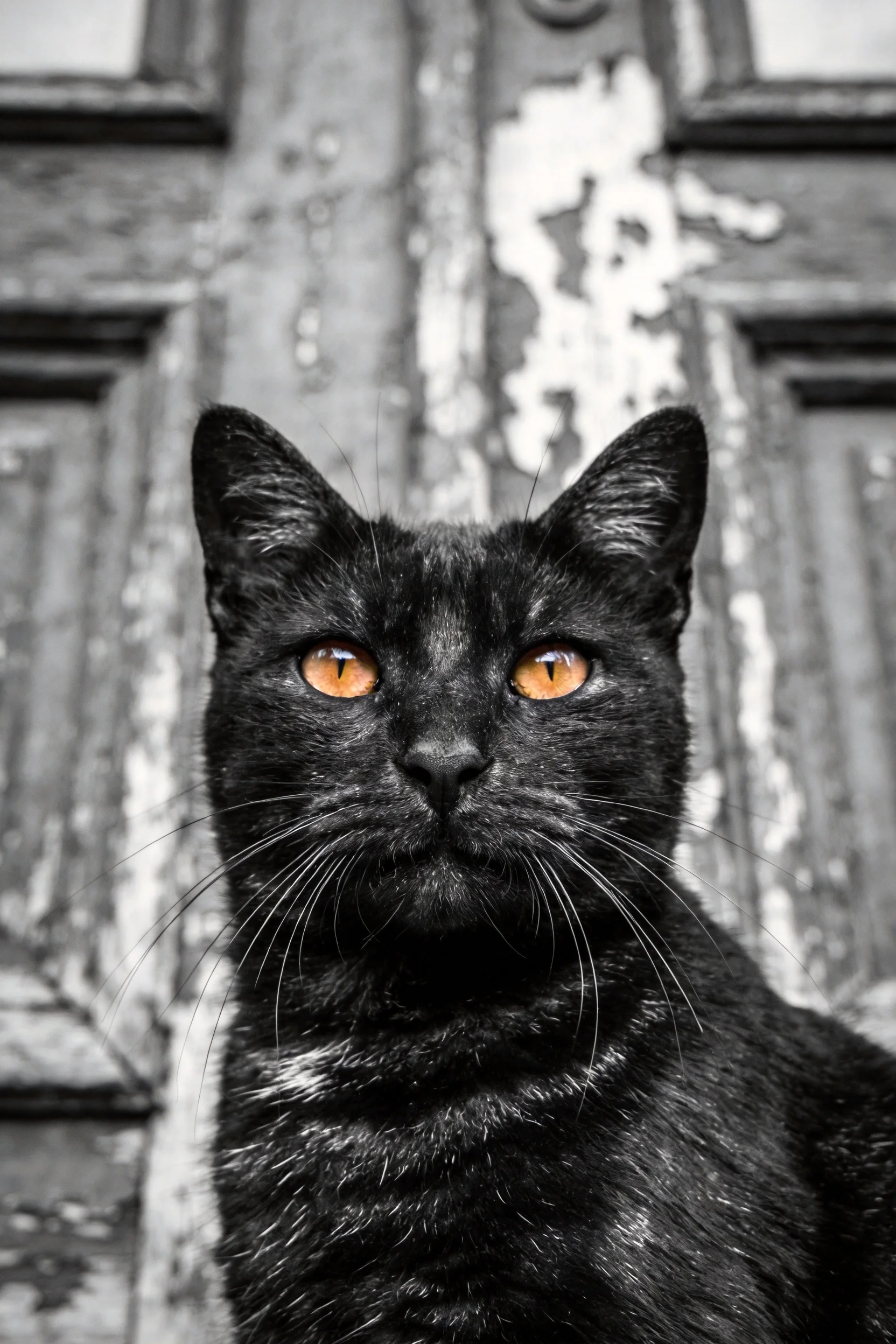 一只短毛家猫,有着黑色的皮毛和橙色的眼睛,胡须清晰可见。