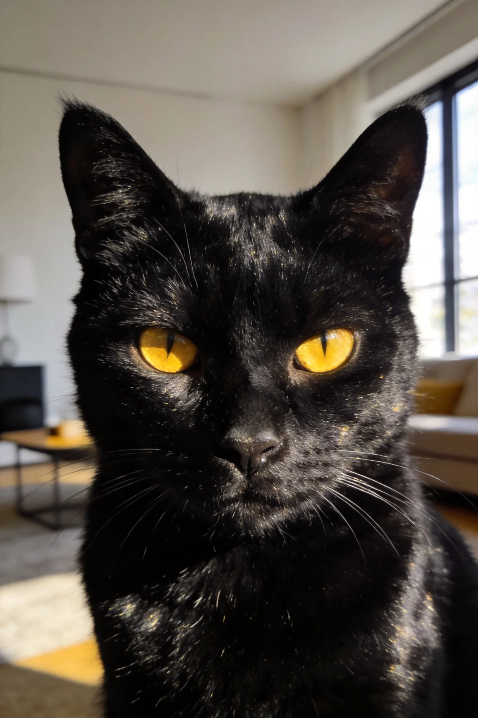 短毛黑猫有着黑色的短而顺滑的皮毛，明亮的黄色眼睛注视前方，毛发在光下呈现出光泽感。