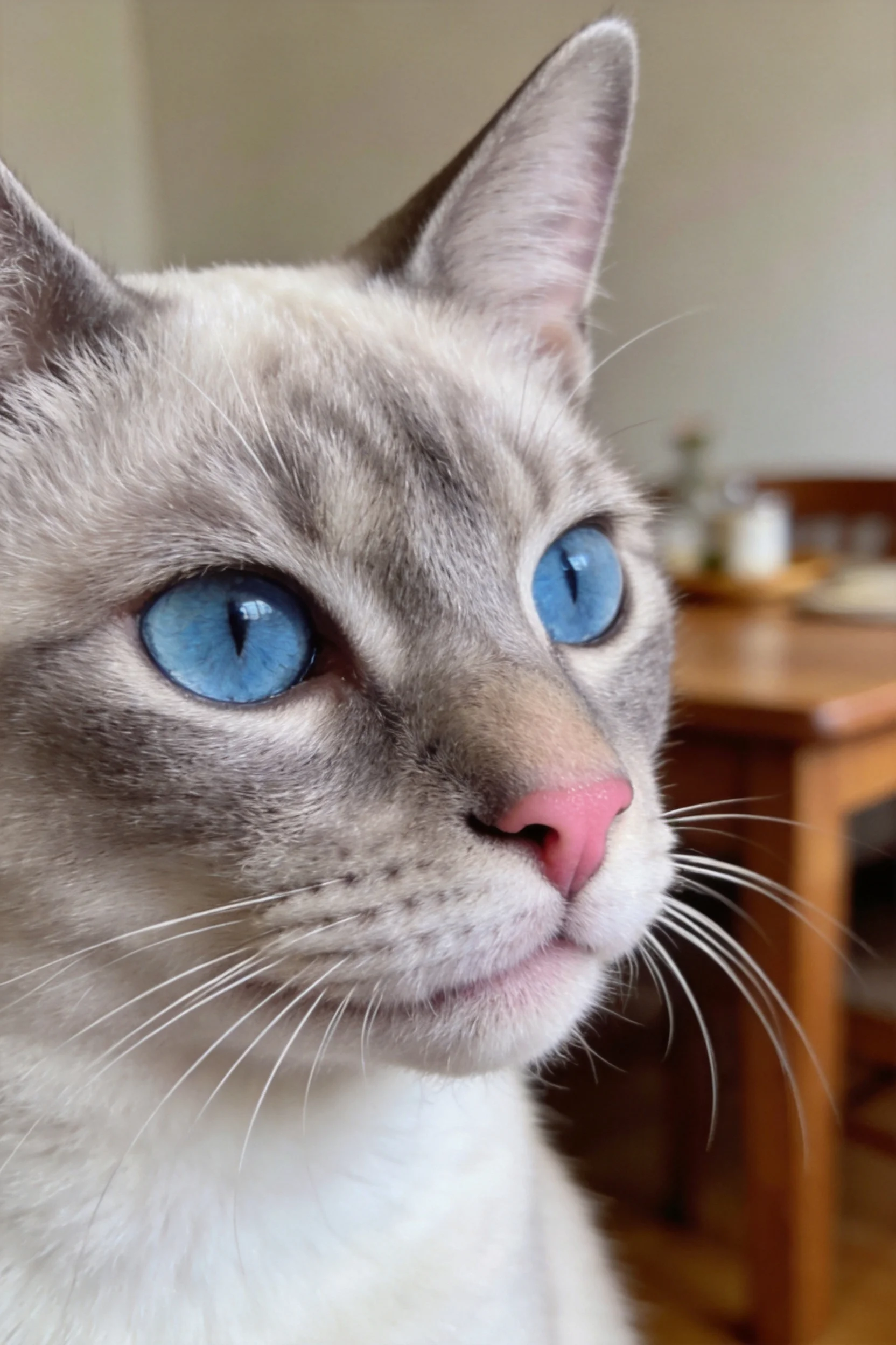 一只蓝眼睛的暹罗猫,有着粉红色鼻尖和柔软的浅灰色被毛。