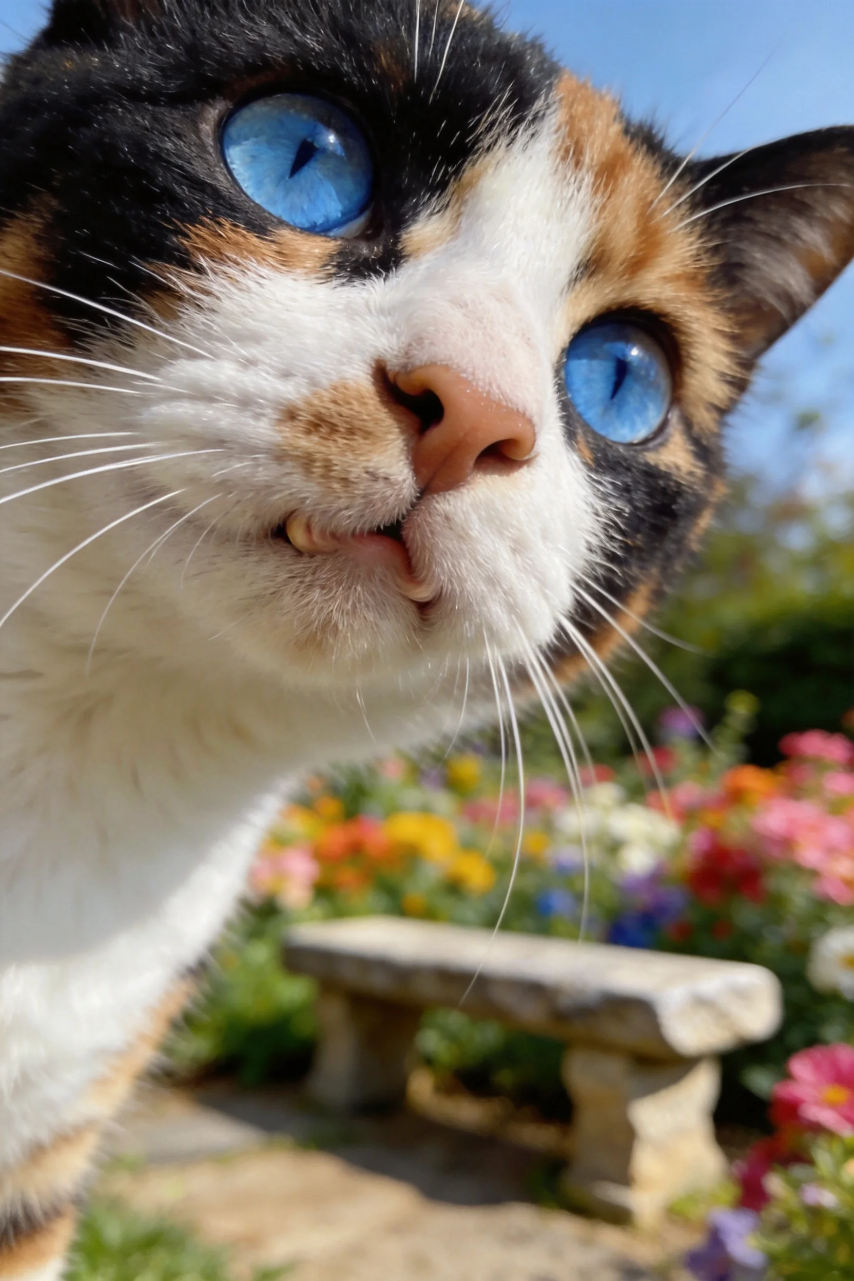 三色短毛家猫拥有明亮的蓝色眼睛,黑、白、橙三色毛发,处于花园环境中。