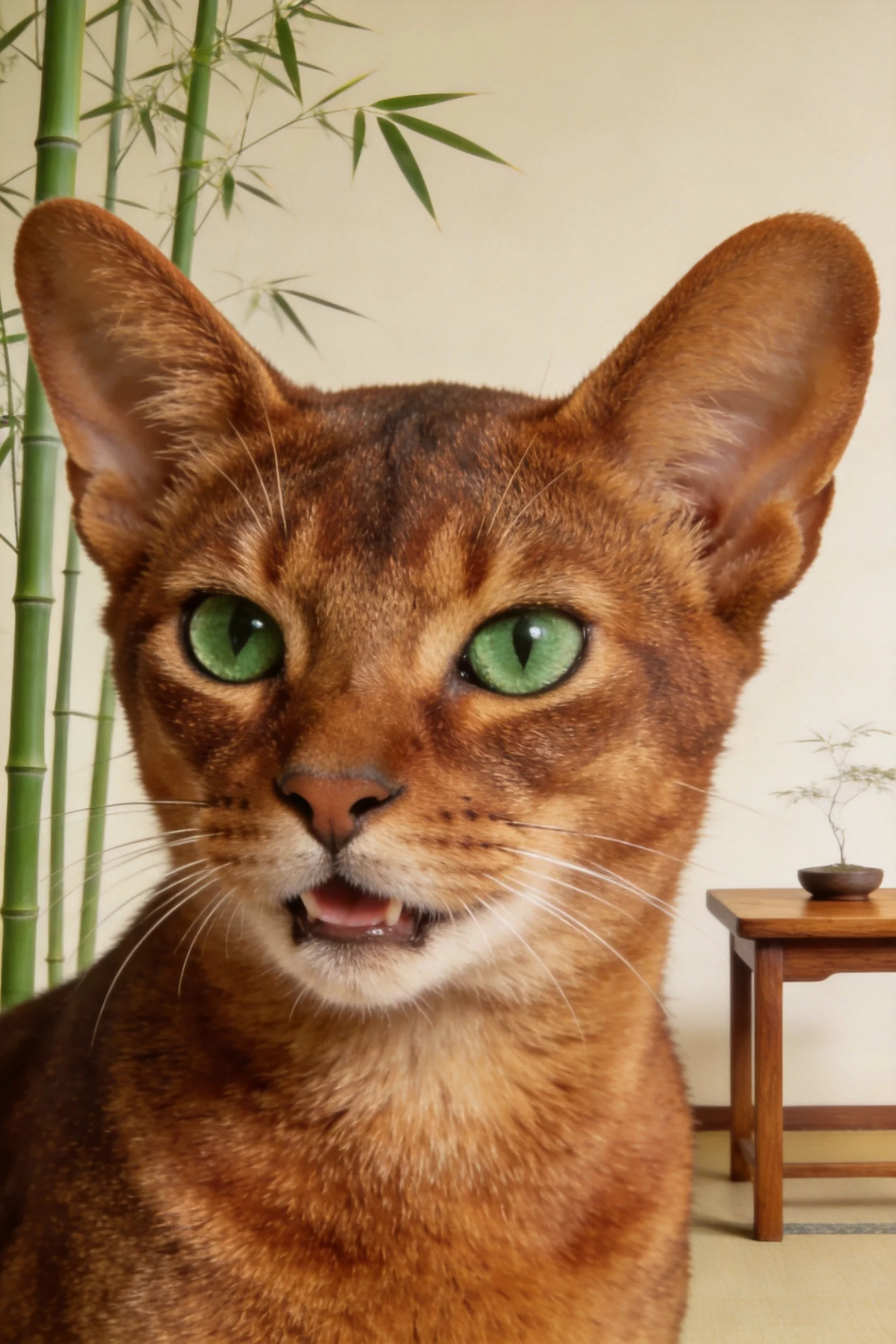 阿比西尼亚猫有着大而明亮的绿色眼睛，红棕色被毛短而光滑，耳朵宽大竖立。