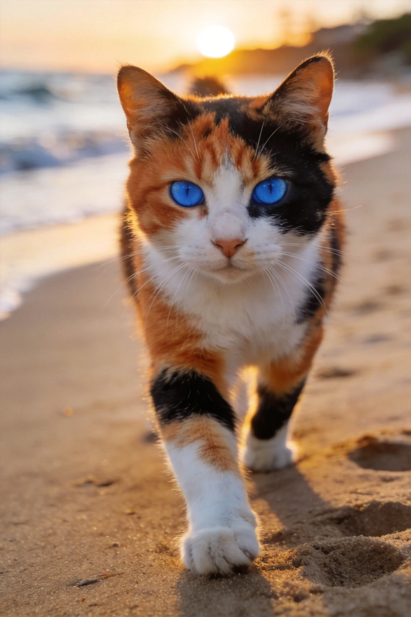 蓝眼睛的三色短毛猫正走在沙滩上,毛发蓬松且带有橙黑白的颜色分布特征。
