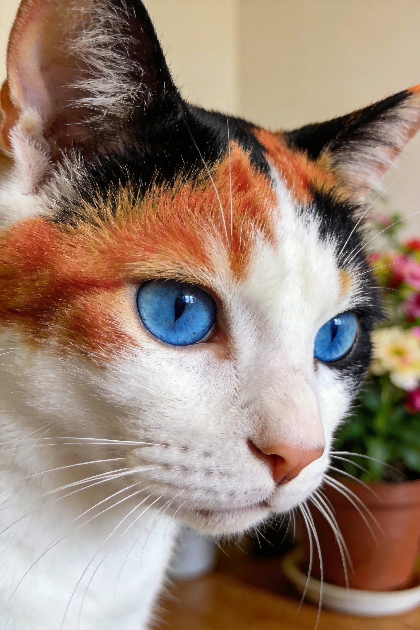一只三色短毛猫,拥有清澈的蓝色眼睛和丰富色彩的毛发。