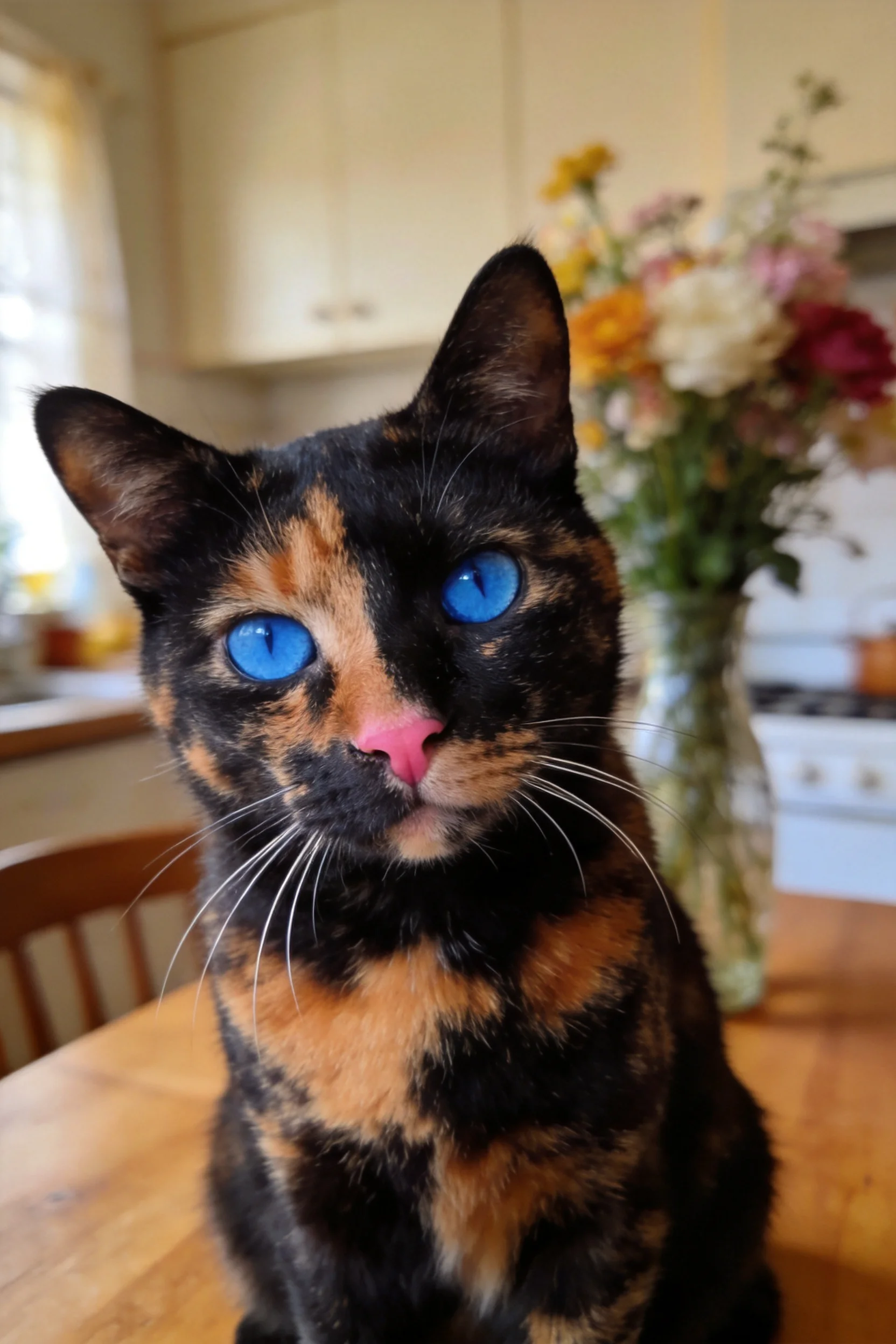 短毛玳瑁猫有着明亮的蓝色眼睛,皮毛为黑色和橙色玳瑁花纹,鼻头呈粉红色,胡须清晰可见。