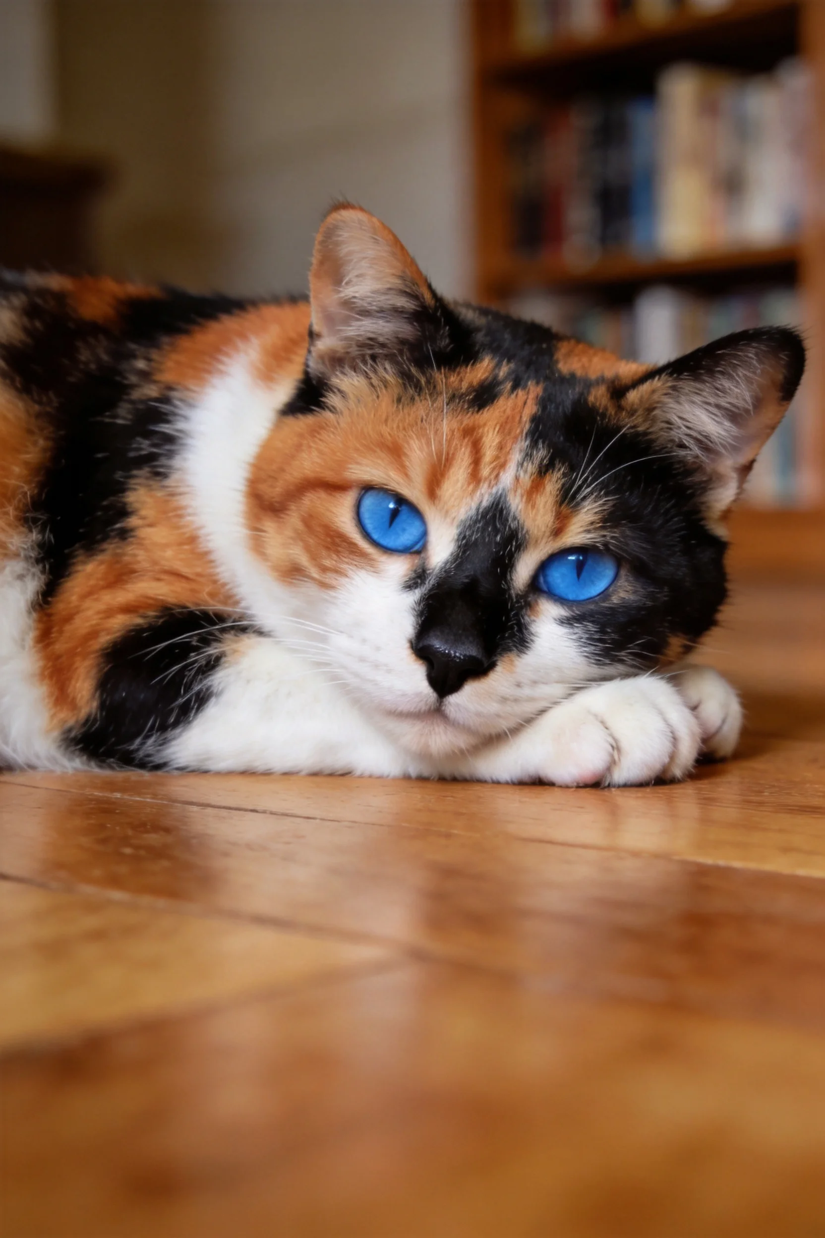 三色短毛猫趴在木质地板上,拥有明亮的蓝色眼睛和橙、黑、白相间的毛发。