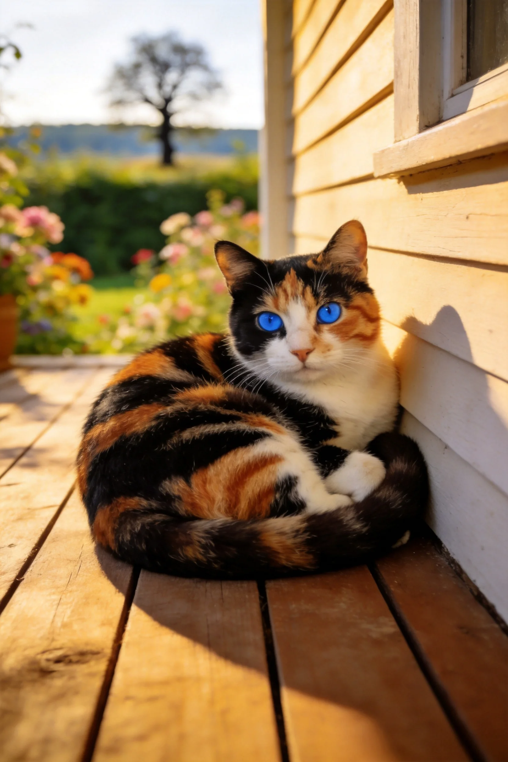 三色短毛家猫安静趴在木屋台阶上,蓝眼睛明亮,周围是花园花草。