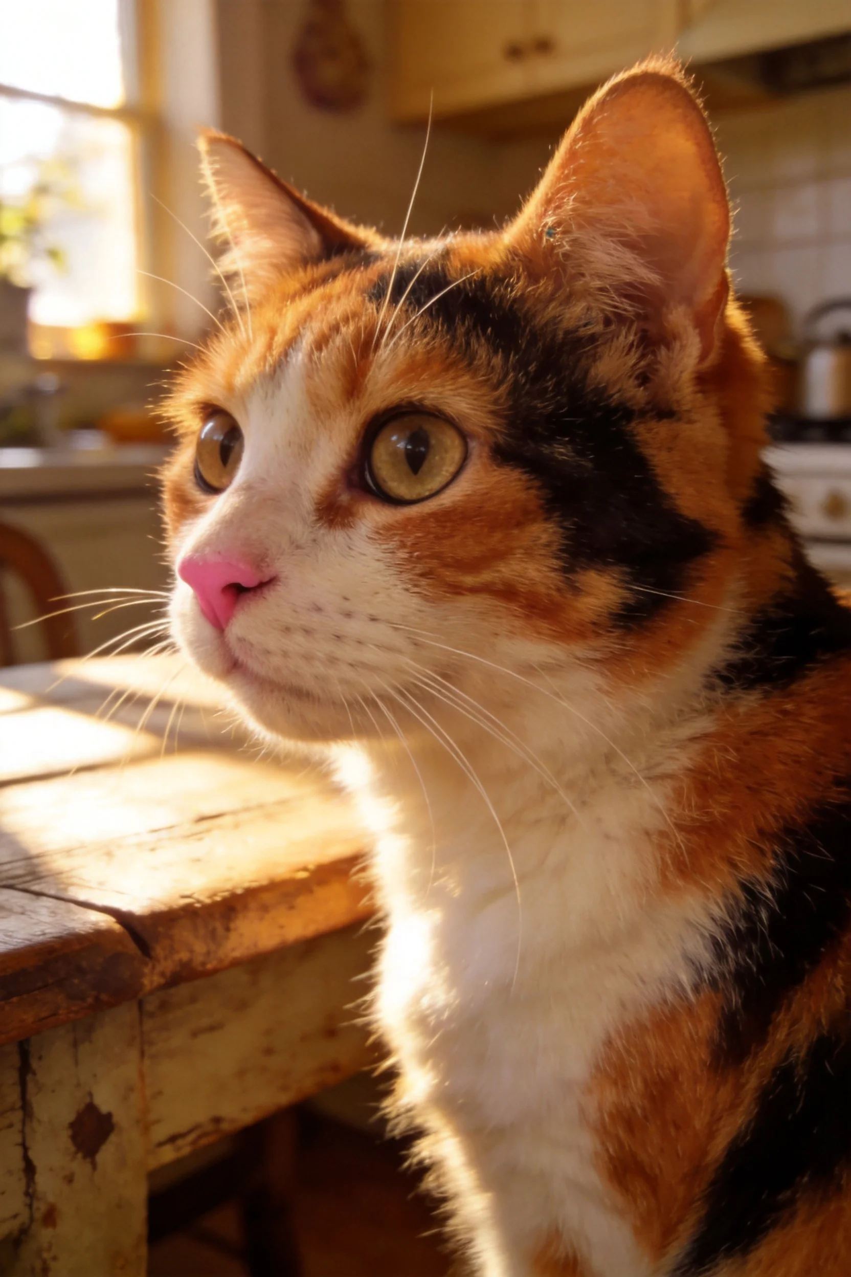 一只三色猫,毛发呈现出橙、黑、白三色,眼睛明亮,正安静地坐在木质桌旁。