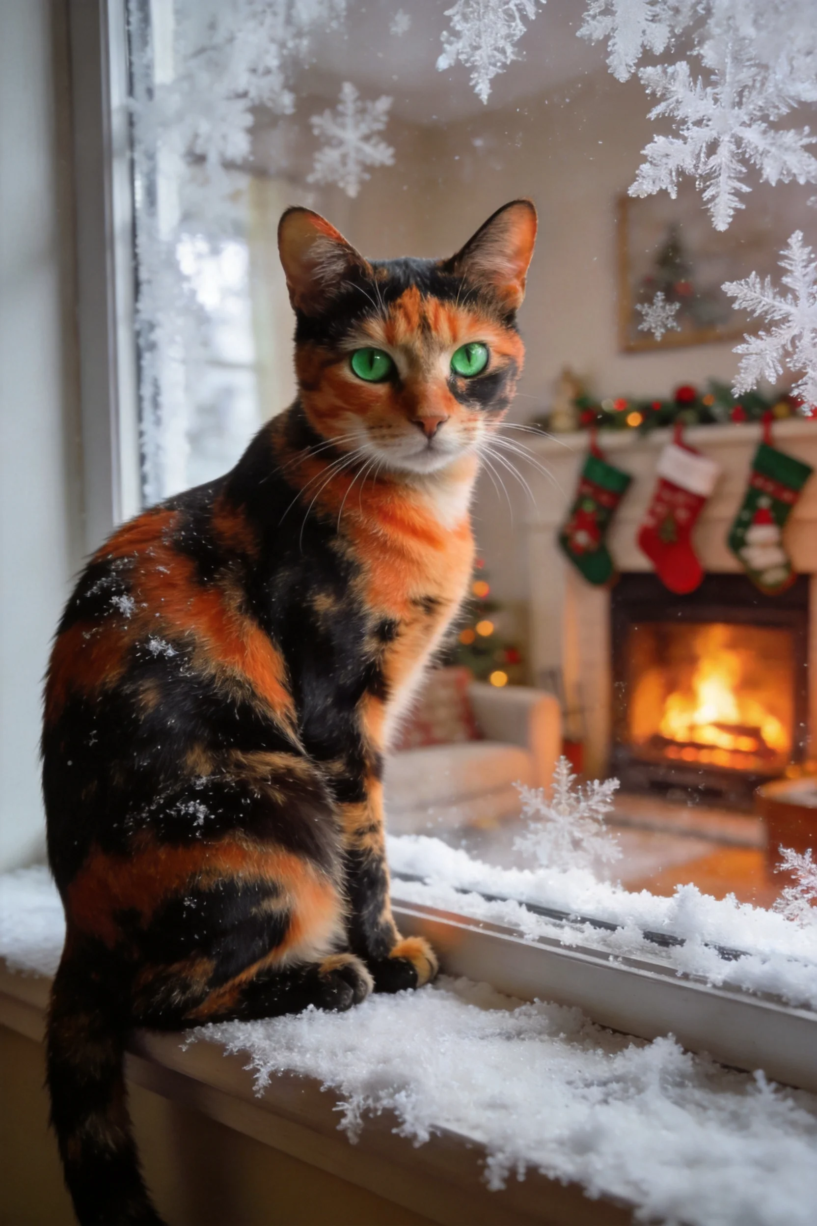 玳瑁猫有着橙黑相间的斑纹，绿色眼睛明亮，安静地坐在覆雪的阳台边缘。
