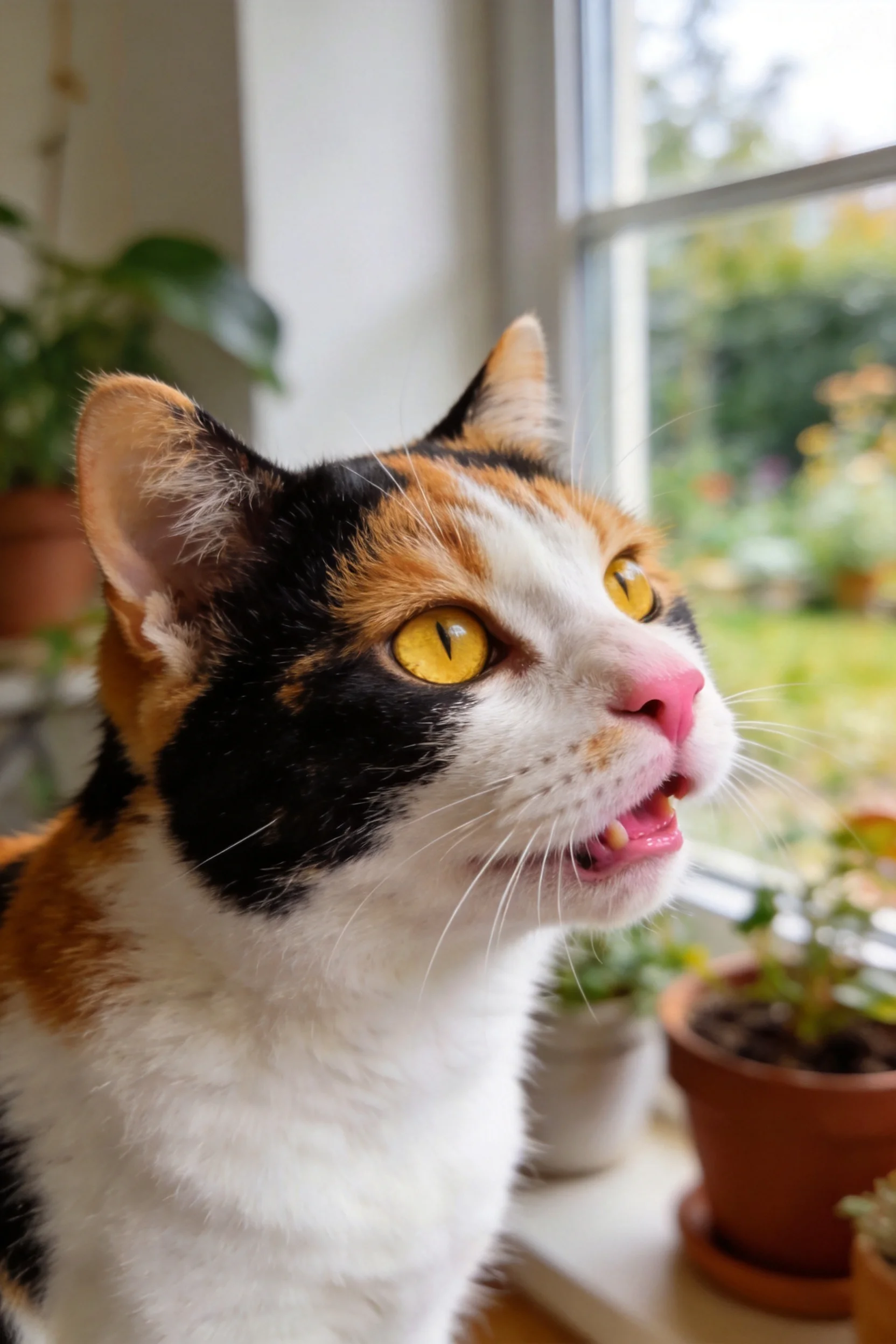 三色短毛家猫有着明亮的黄色眼睛,嘴巴微张,处于光照环境中。