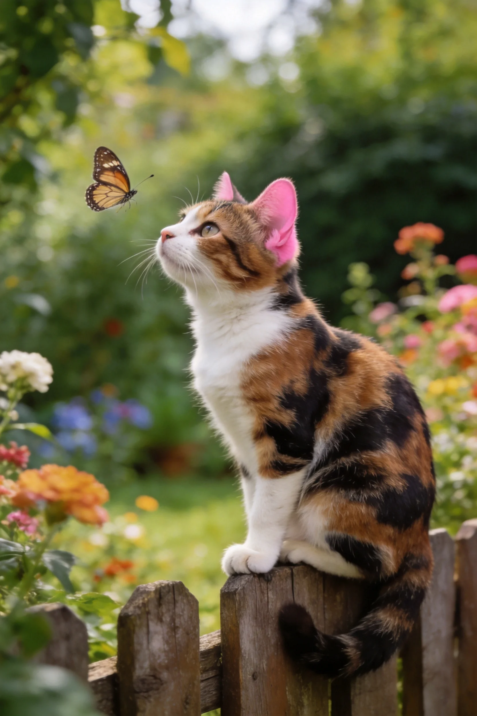 三色短毛猫目光聚焦于空中的蝴蝶，耳朵内侧呈粉红色，毛发柔软顺滑。