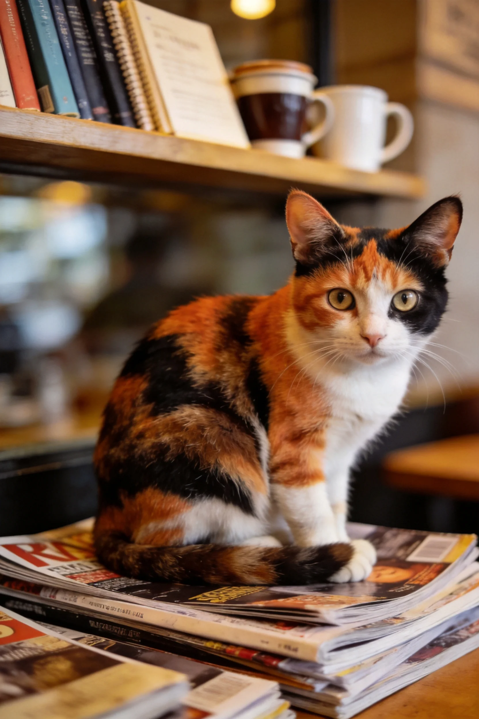 三色短毛家猫安静地坐在摞起来的报纸上,毛发呈现出黑、橙、白三色相间。