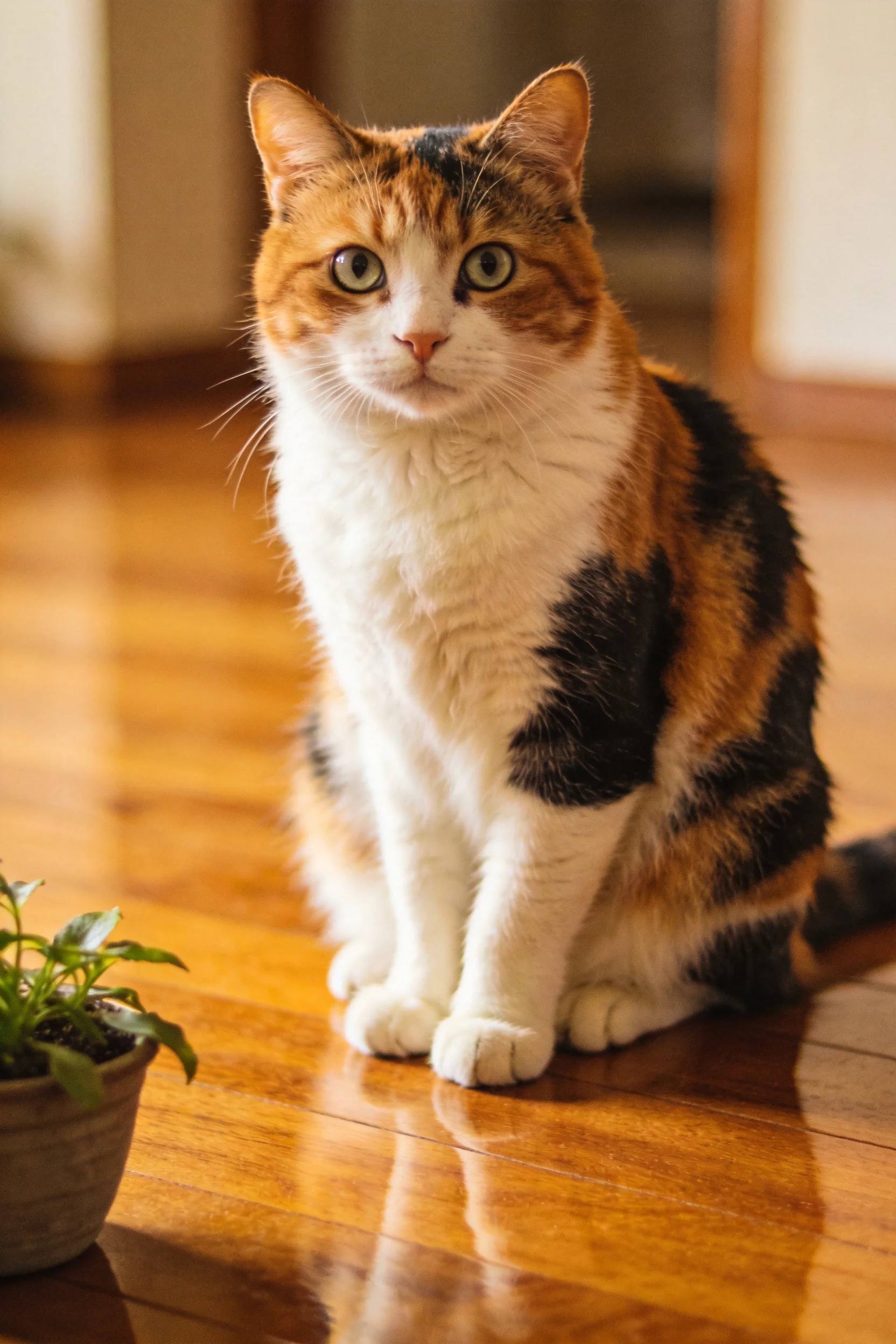 三色短毛猫目光专注地看向前方,橘、黑、白三色毛发分明,身旁有小型盆栽。