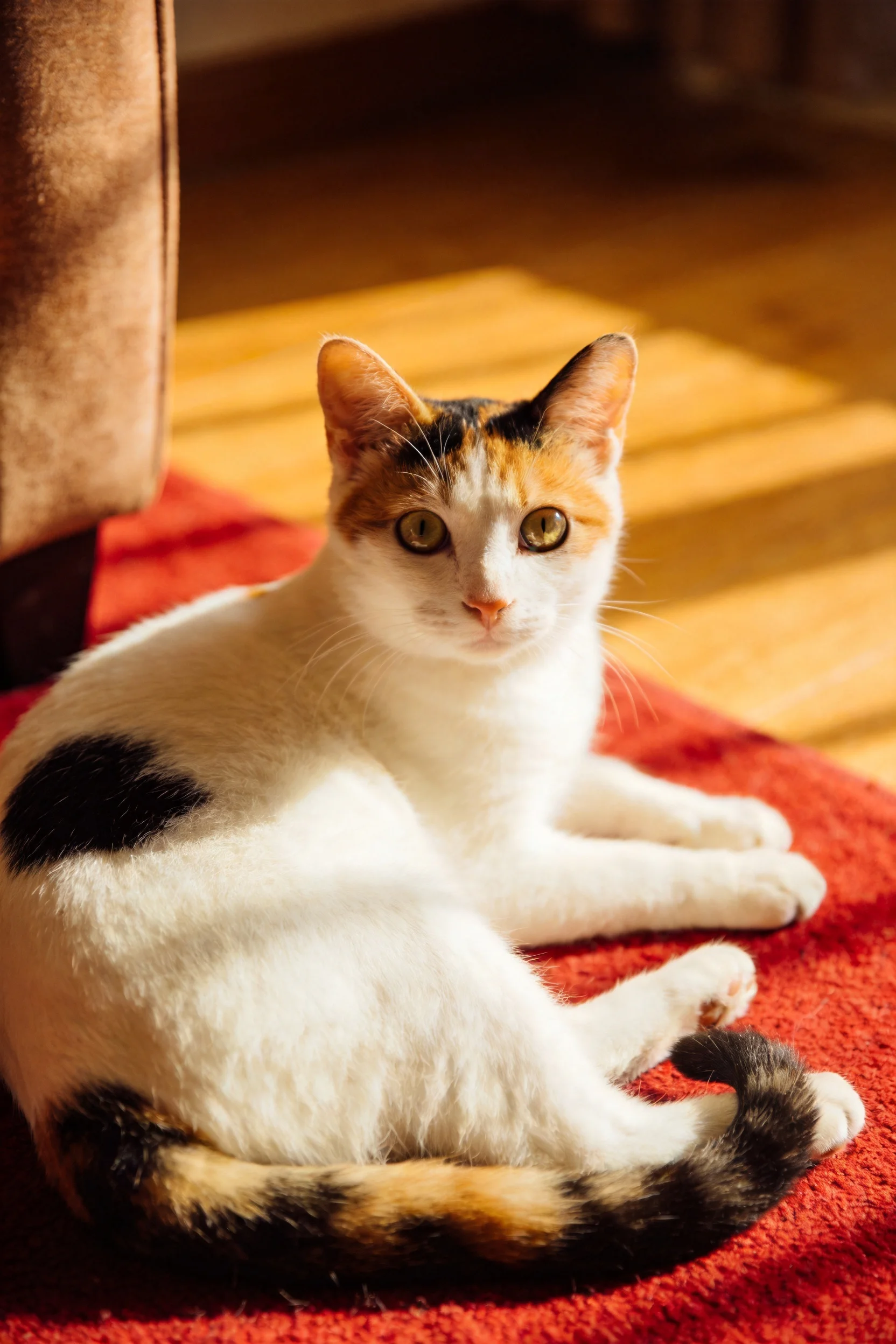 三色短毛家猫注视镜头，白色毛发搭配黑色橙斑纹，毛发柔软蓬松。