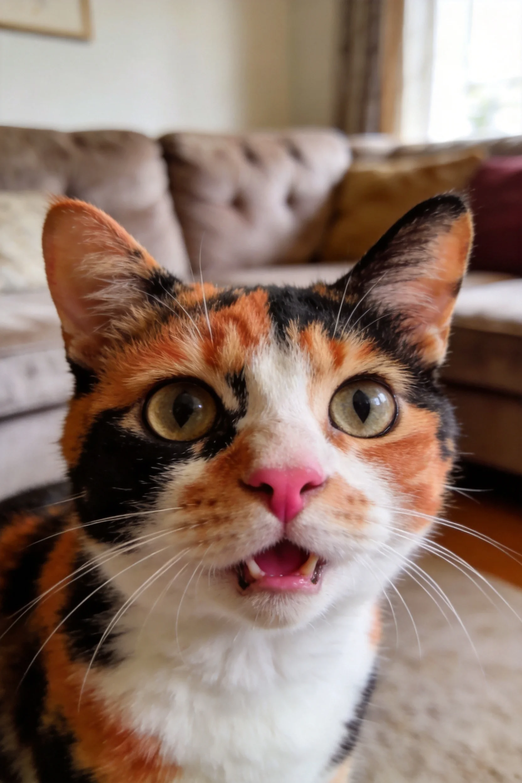 三色短毛家猫特写,猫咪面部呈现橙、黑、白三色斑纹,眼睛大而明亮,嘴巴微张露齿,胡须清晰可见。