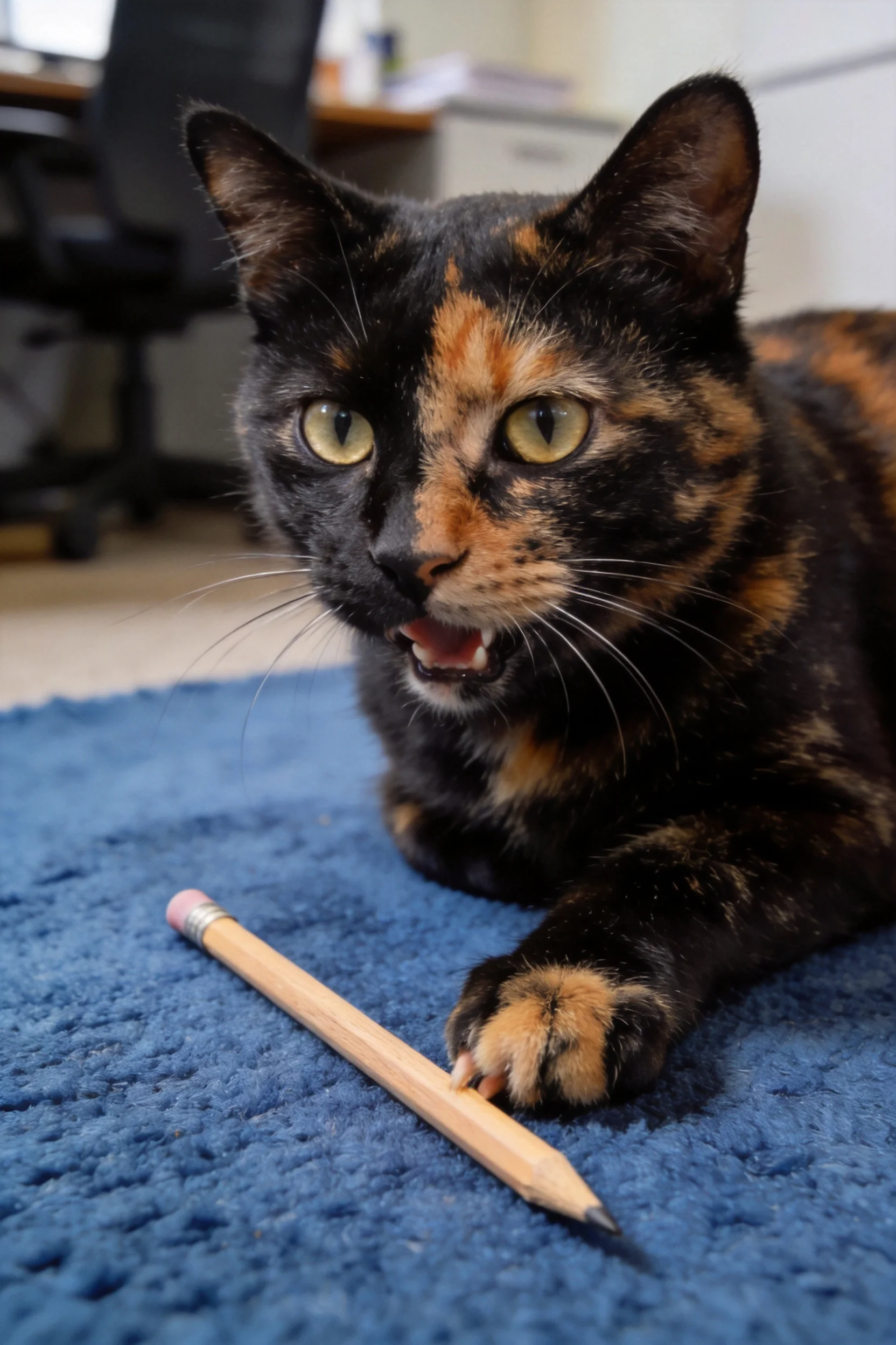 玳瑁猫趴在蓝色地毯上，前爪轻触木质铅笔，黄色的眼睛明亮，黑色的皮毛带有橙色斑纹。