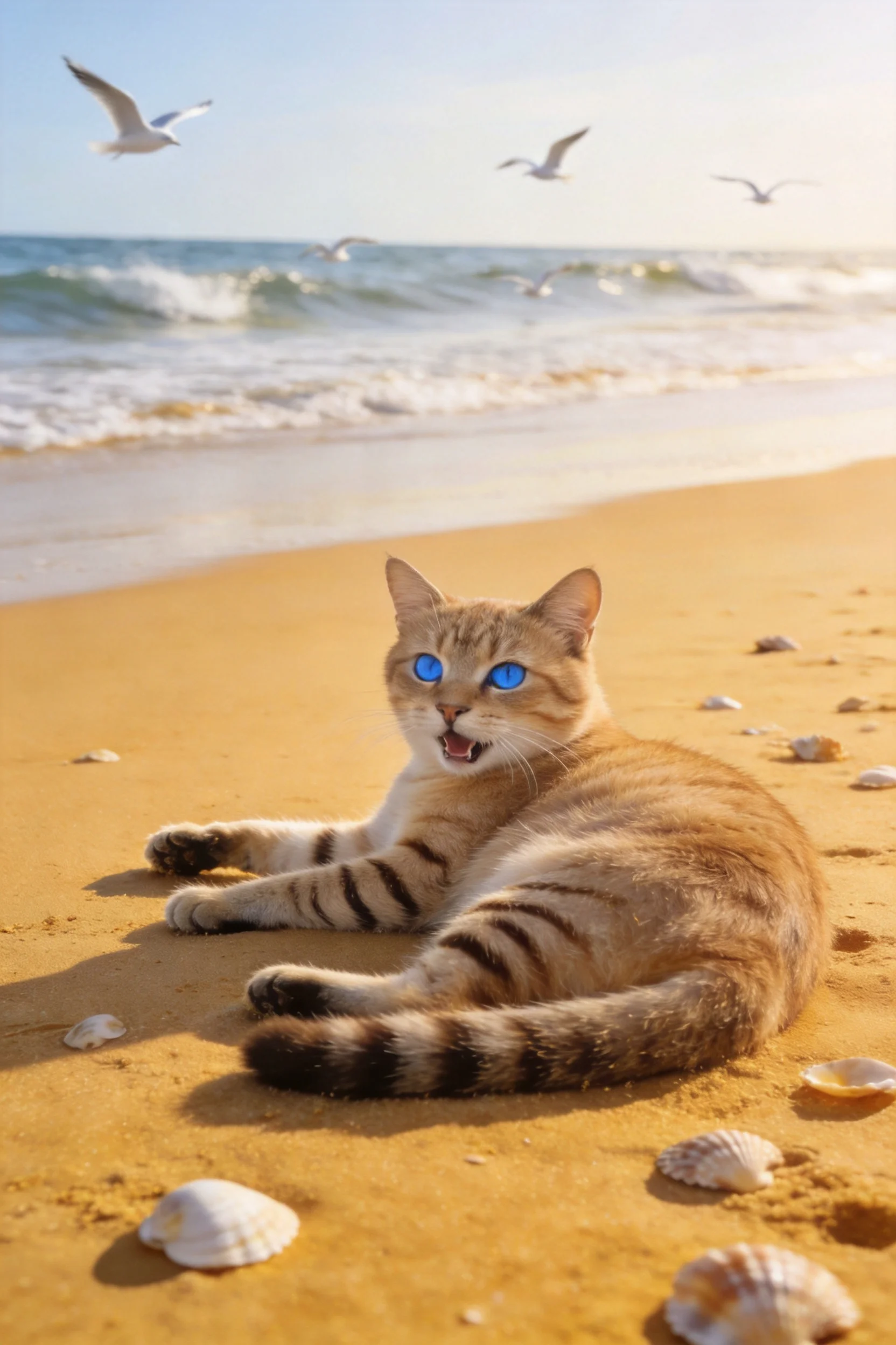 金渐层短毛猫趴在沙滩上,蓝色眼睛明亮,周围分布着不同形状的贝壳。
