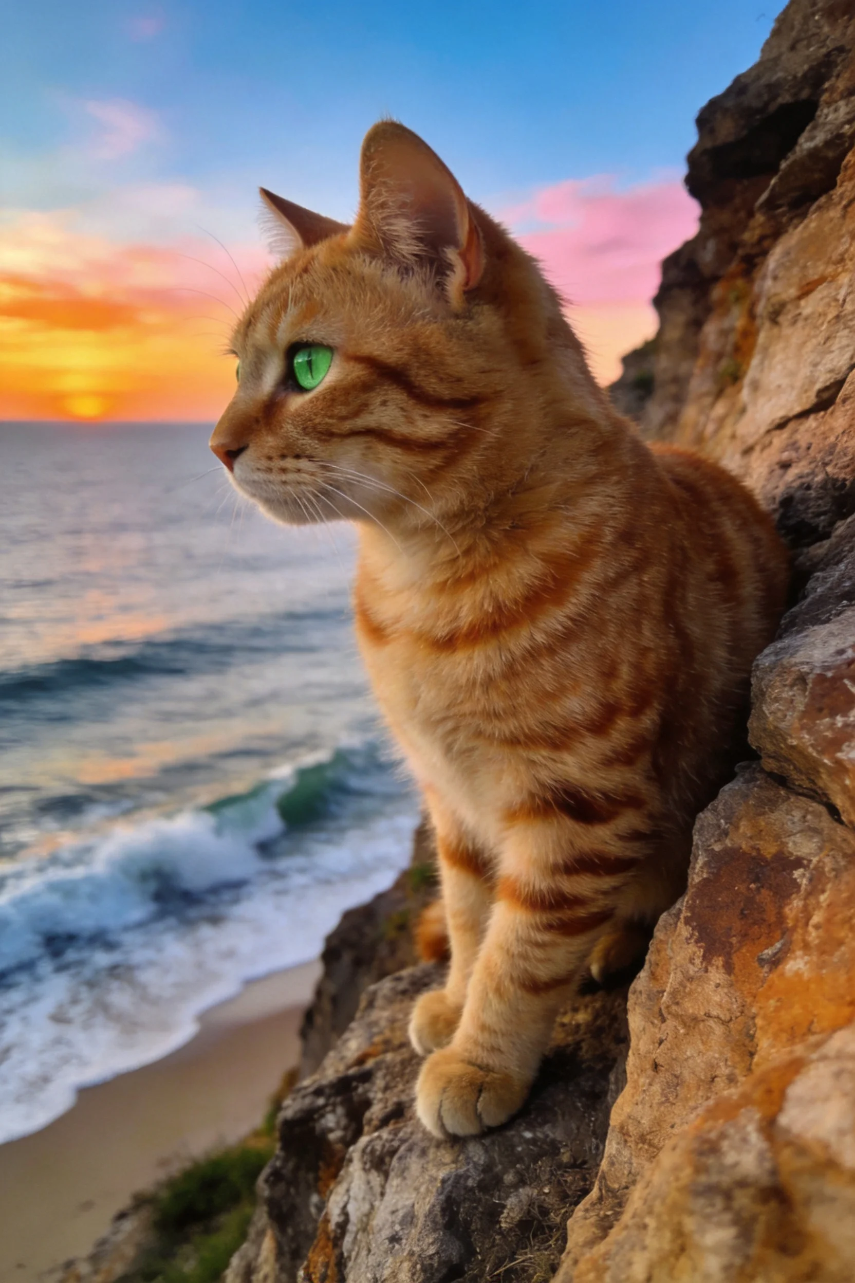 橘色短毛家猫有着明亮的绿色眼睛,皮毛呈现出橙色底色与深棕色斑纹,正坐在岩石上眺望远方大海。