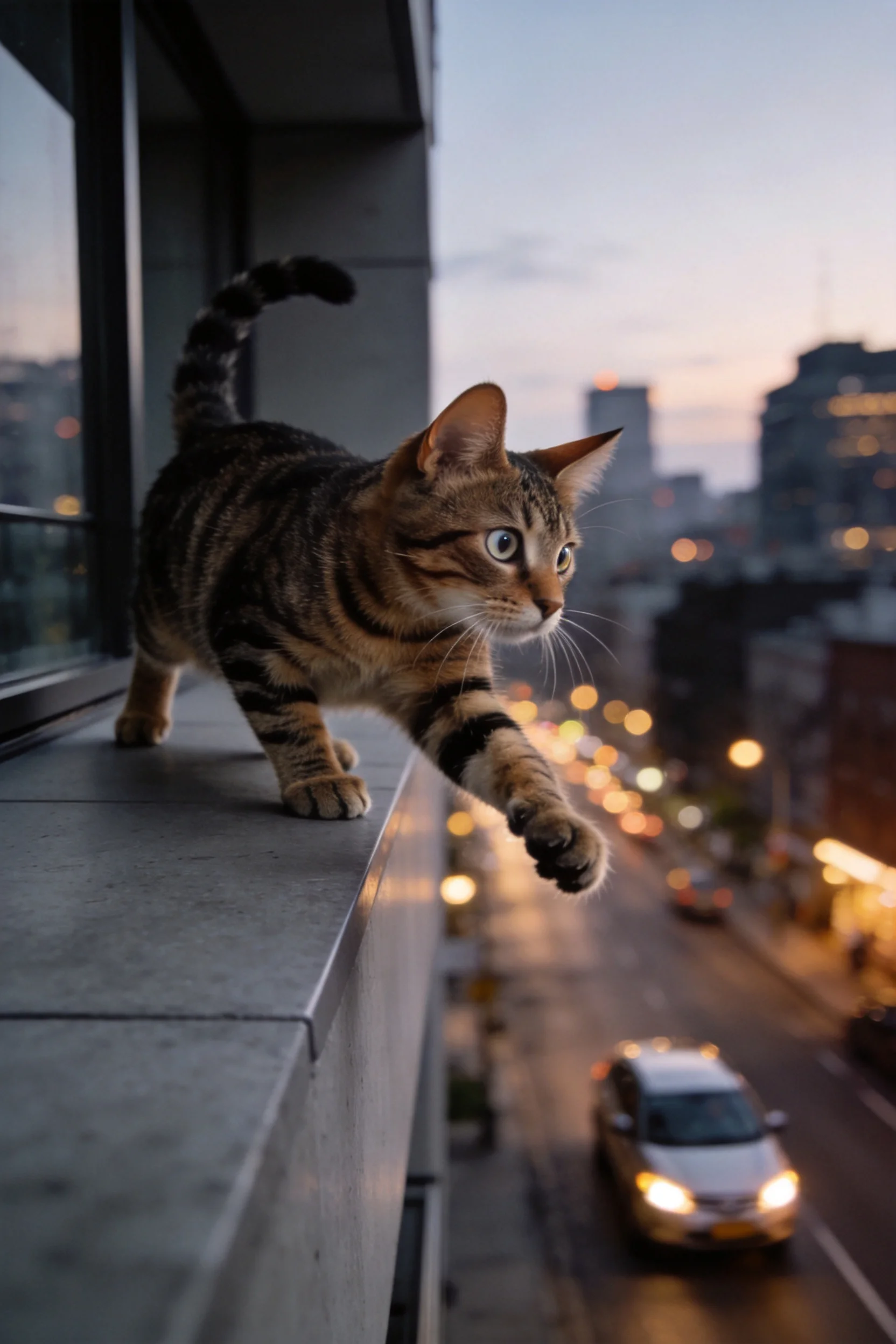 短毛虎斑猫站在窗台上,前爪向前伸展,蓝绿色眼睛注视着远方街道。