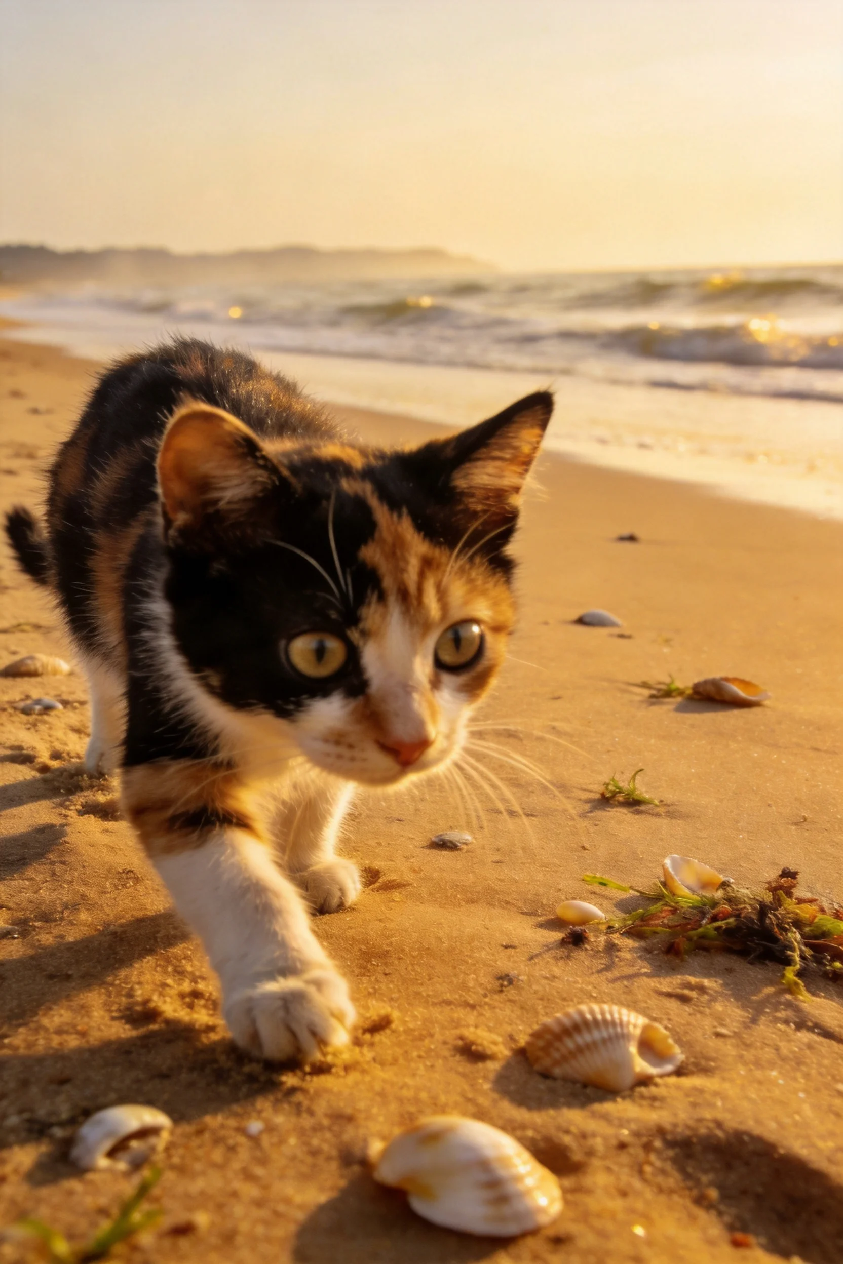 三色短毛家猫在沙滩上行走,皮毛有黑、橙、白相间的斑纹,爪子轻触沙面。