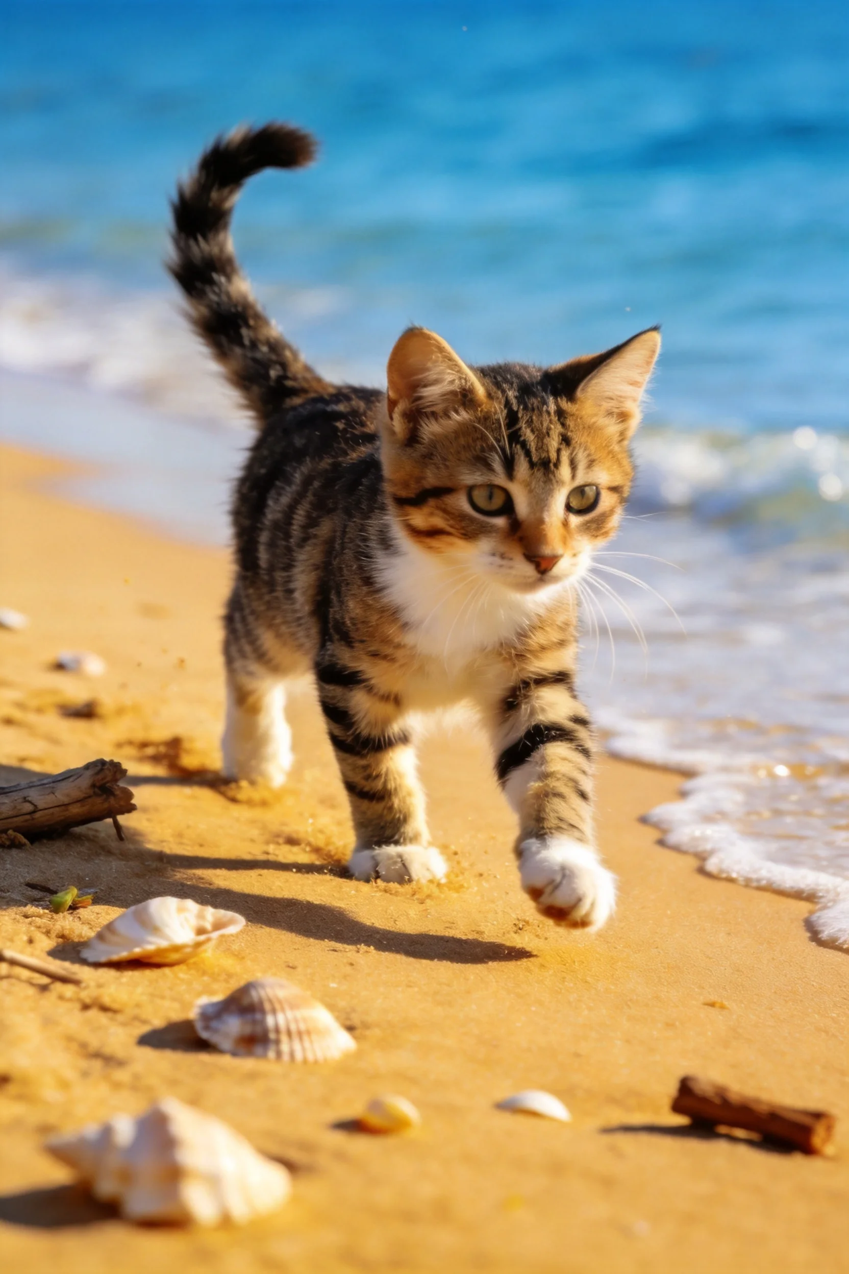 短毛虎斑猫在沙滩上行走,爪垫洁白,身上棕黑相间的条纹清晰可见。