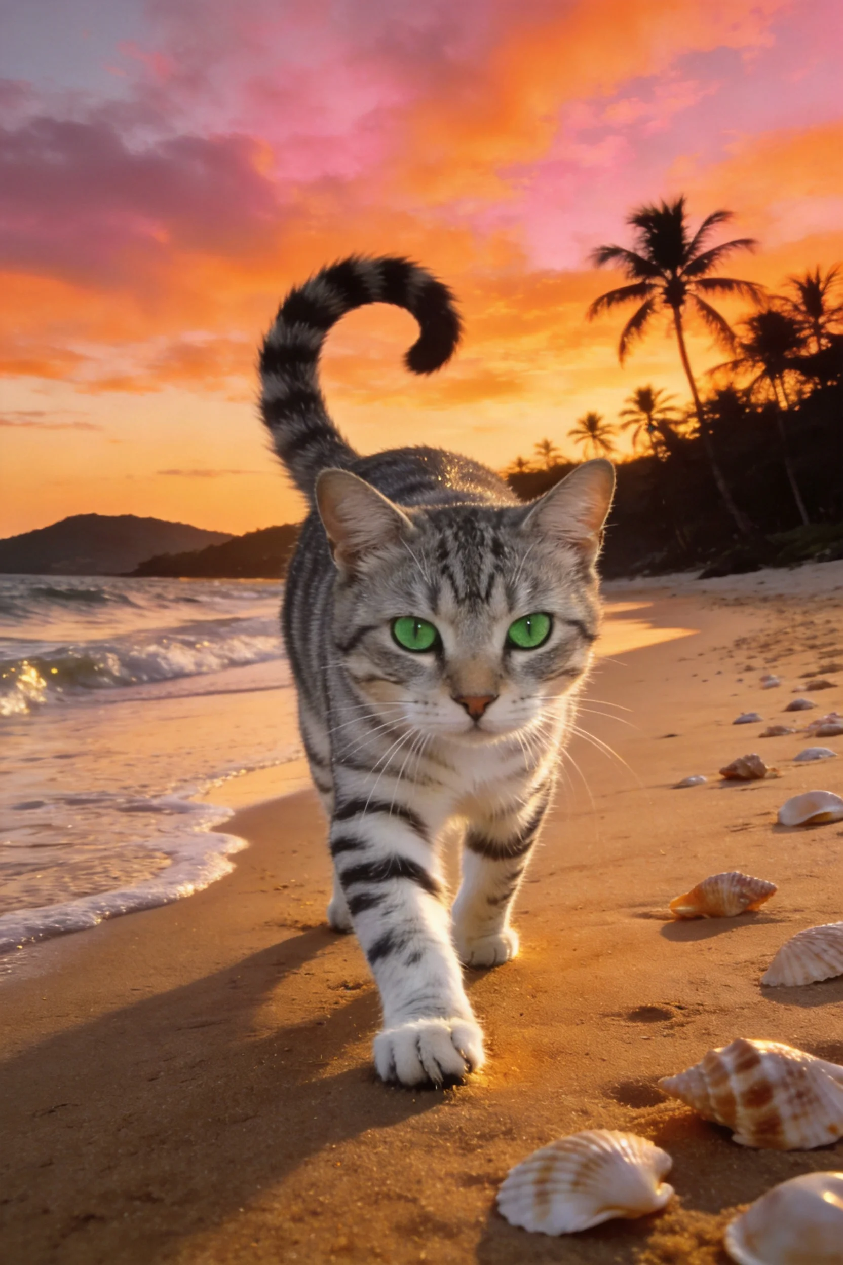 银虎斑猫有着银灰黑相间的条纹毛发,正迈步走在沙滩上,周围散落着贝壳。