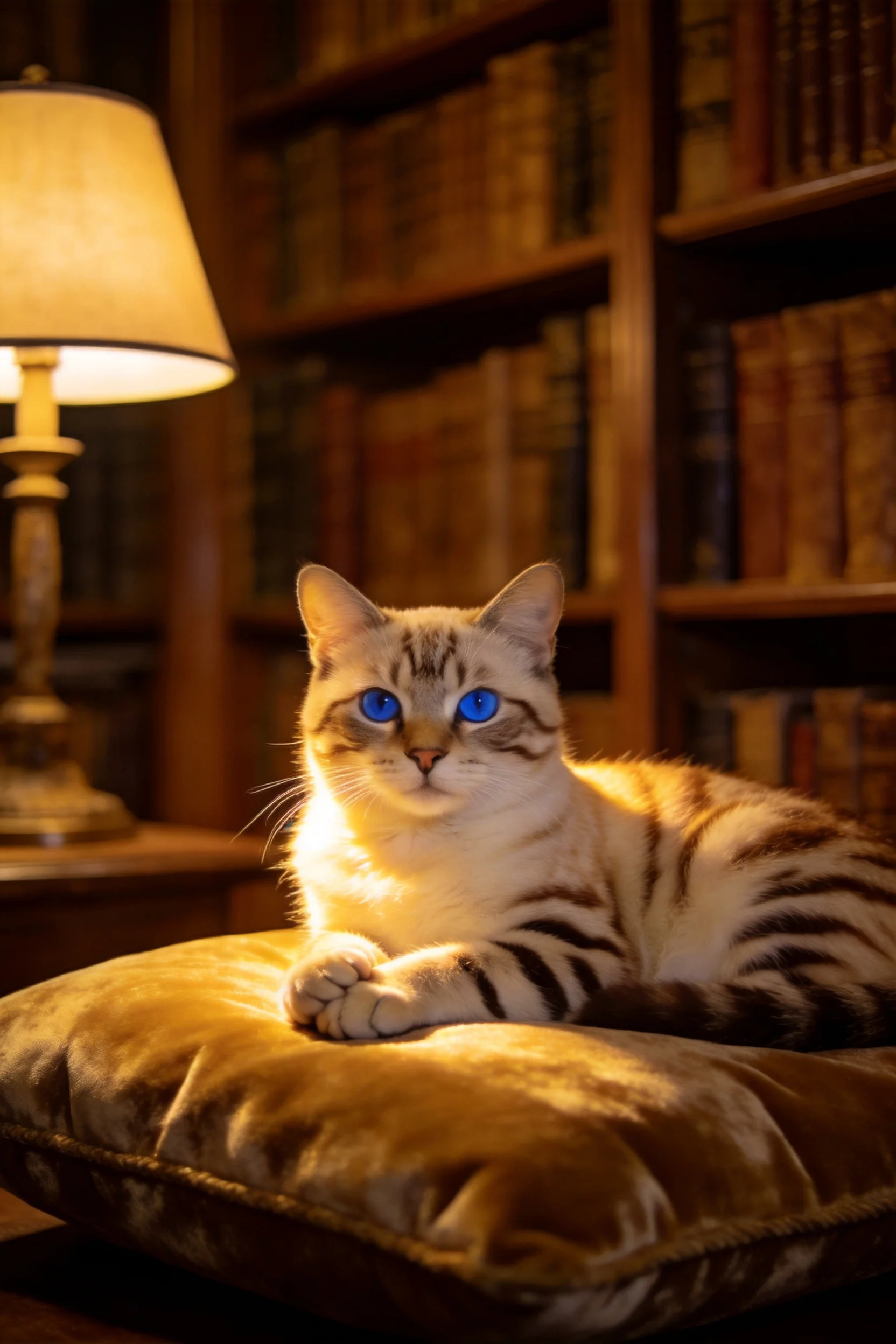 孟加拉猫安静趴卧,蓝眼睛明亮,身下是柔软绒面靠垫,背景是木质书架。