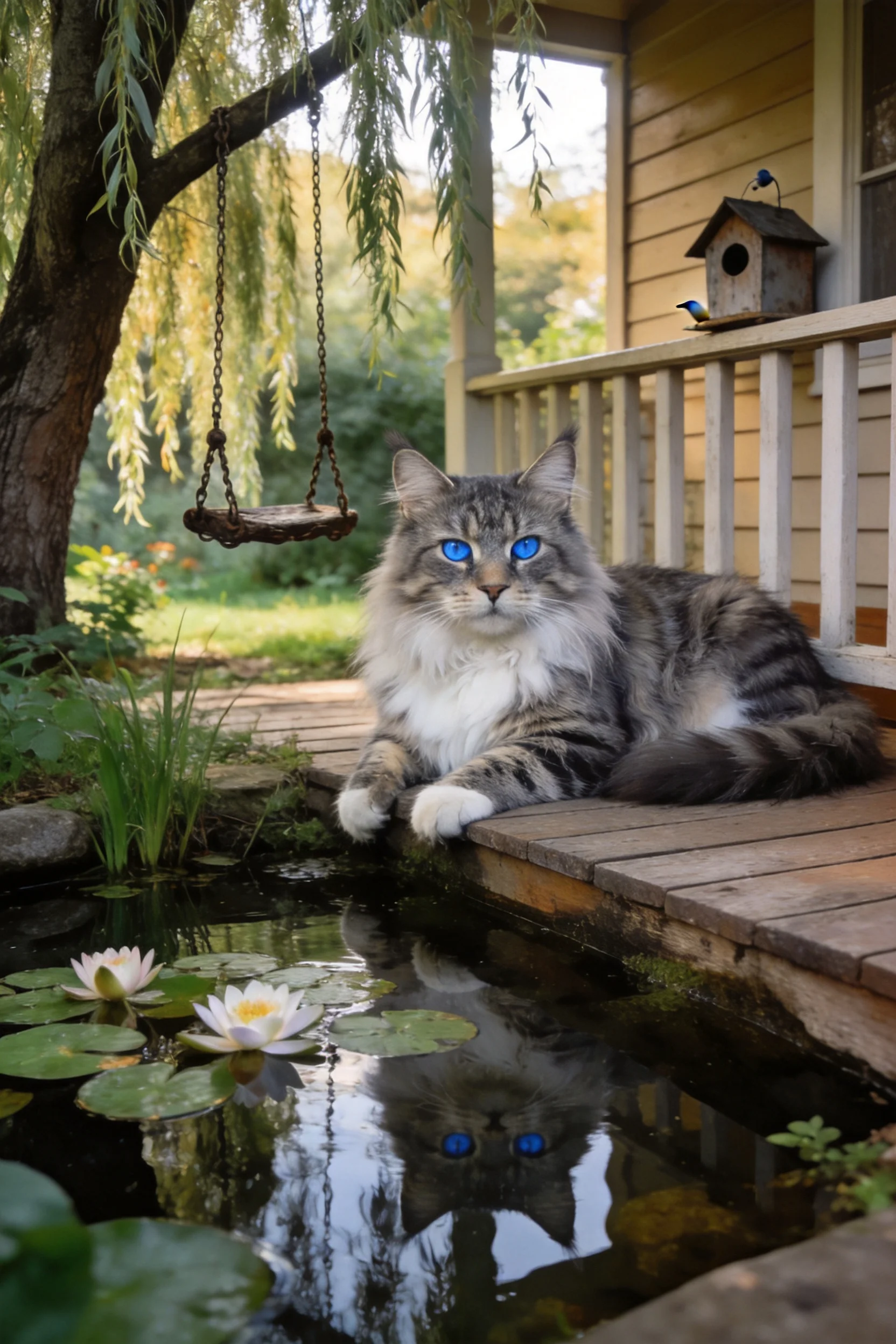 挪威森林猫蓝眼睛明亮，毛发蓬松柔软，前爪搭在木质边缘。