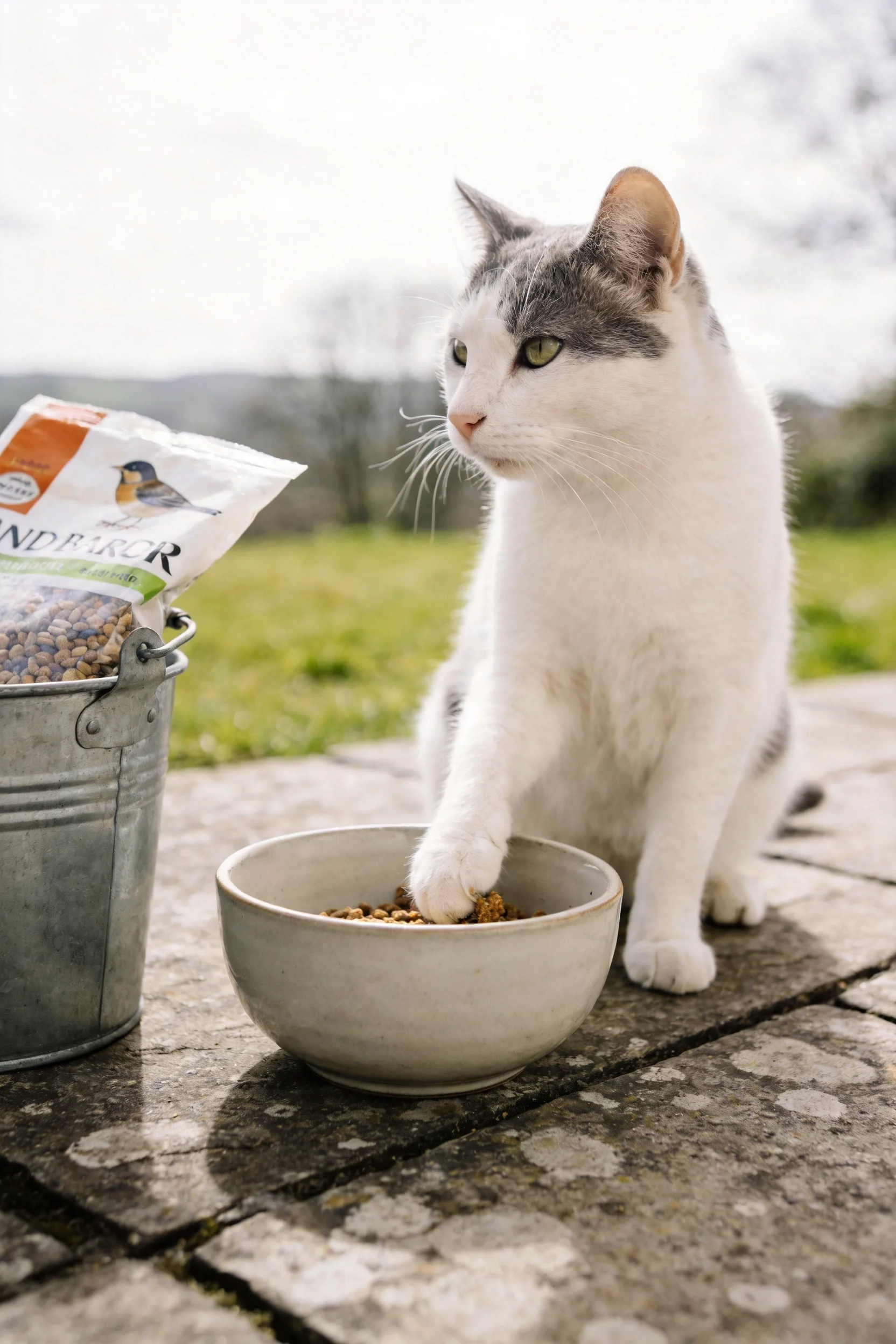 灰白短毛家猫用前爪触碰碗中食物,白色毛发带有灰色斑纹。