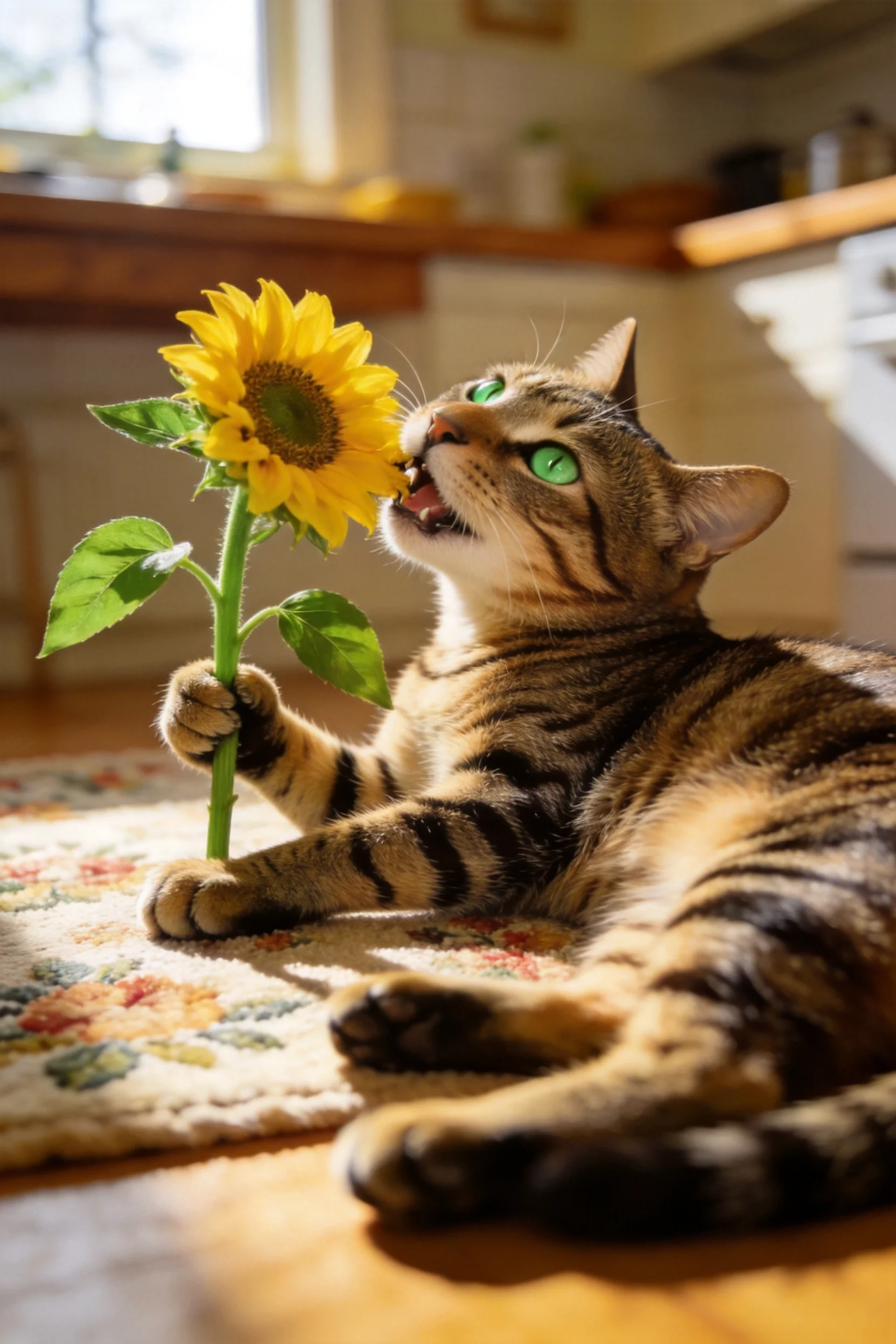 虎斑短毛猫用前爪握着向日葵,绿色眼眸明亮,皮毛呈现清晰虎纹图案。