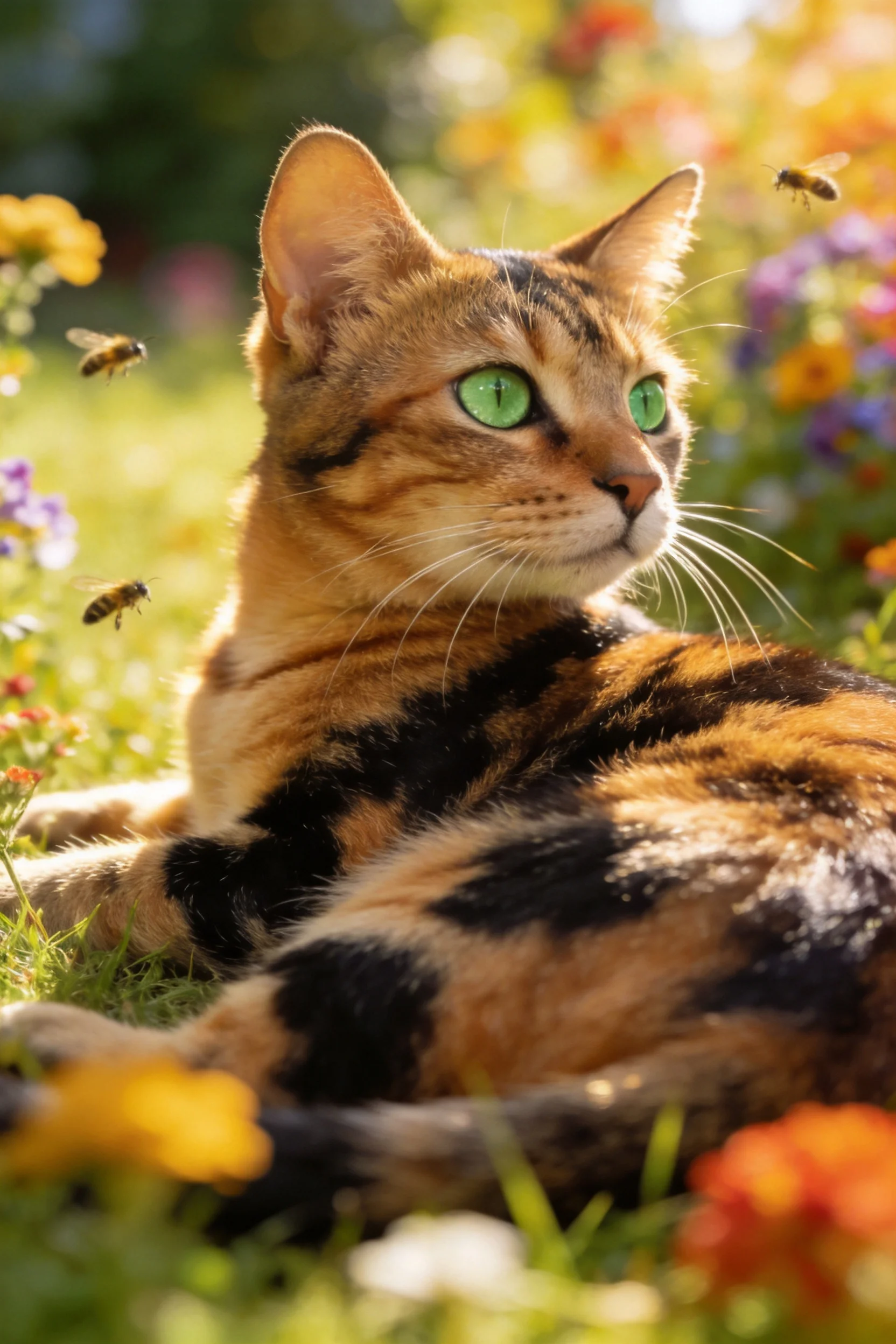 一只拥有绿色眼睛、橙黑相间斑纹的孟加拉猫正注视着飞舞的蜜蜂,它的短毛在阳光下清晰可见。