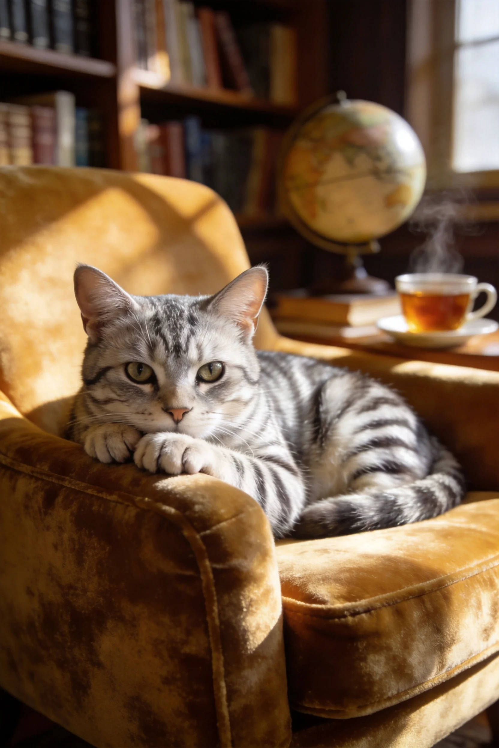 一只银虎斑短毛猫安静趴在暖黄色绒面扶手椅上,前爪搭在椅沿处,皮毛呈银灰黑相间条纹花纹。