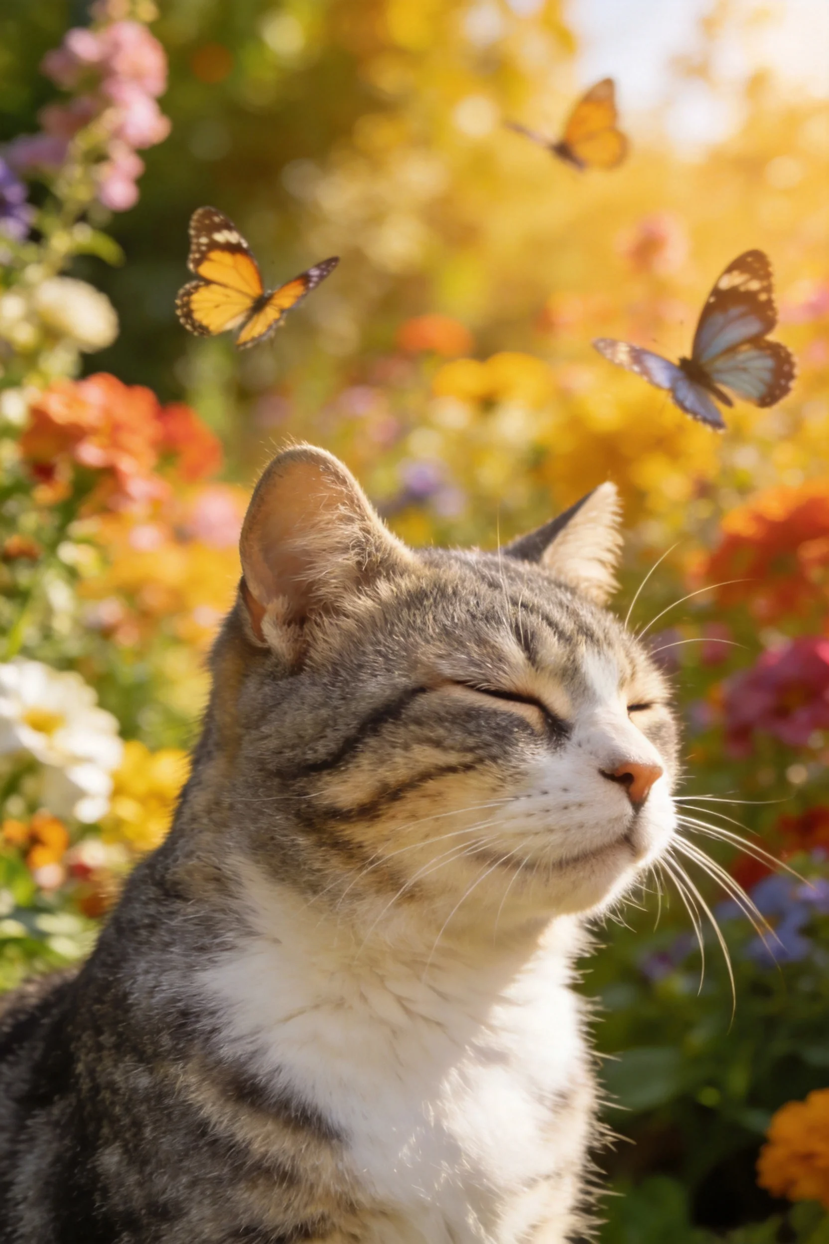 短毛虎斑猫闭着眼睛,身上有明显的虎纹,周围有三只色彩丰富的蝴蝶飞舞。