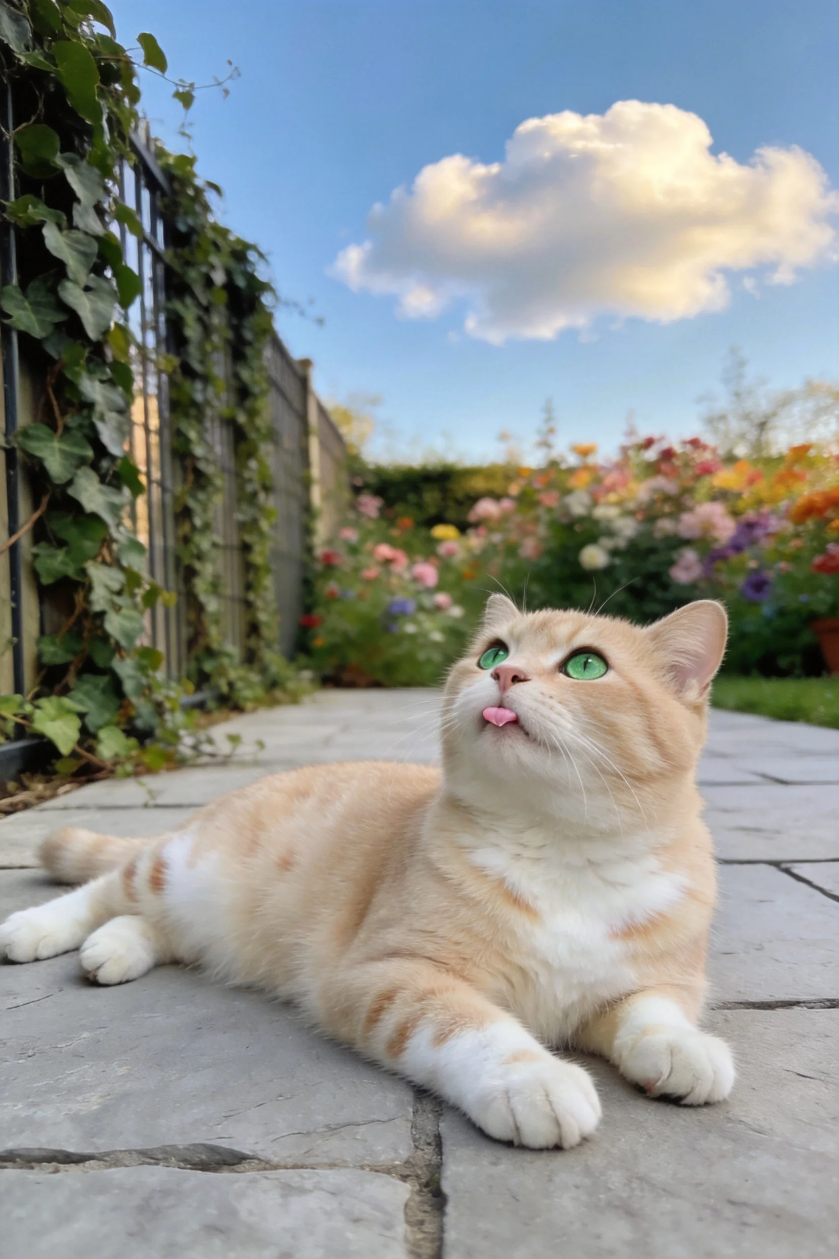 橘白短毛猫有着绿色眼眸,正抬头注视天空,嘴巴微微张开。