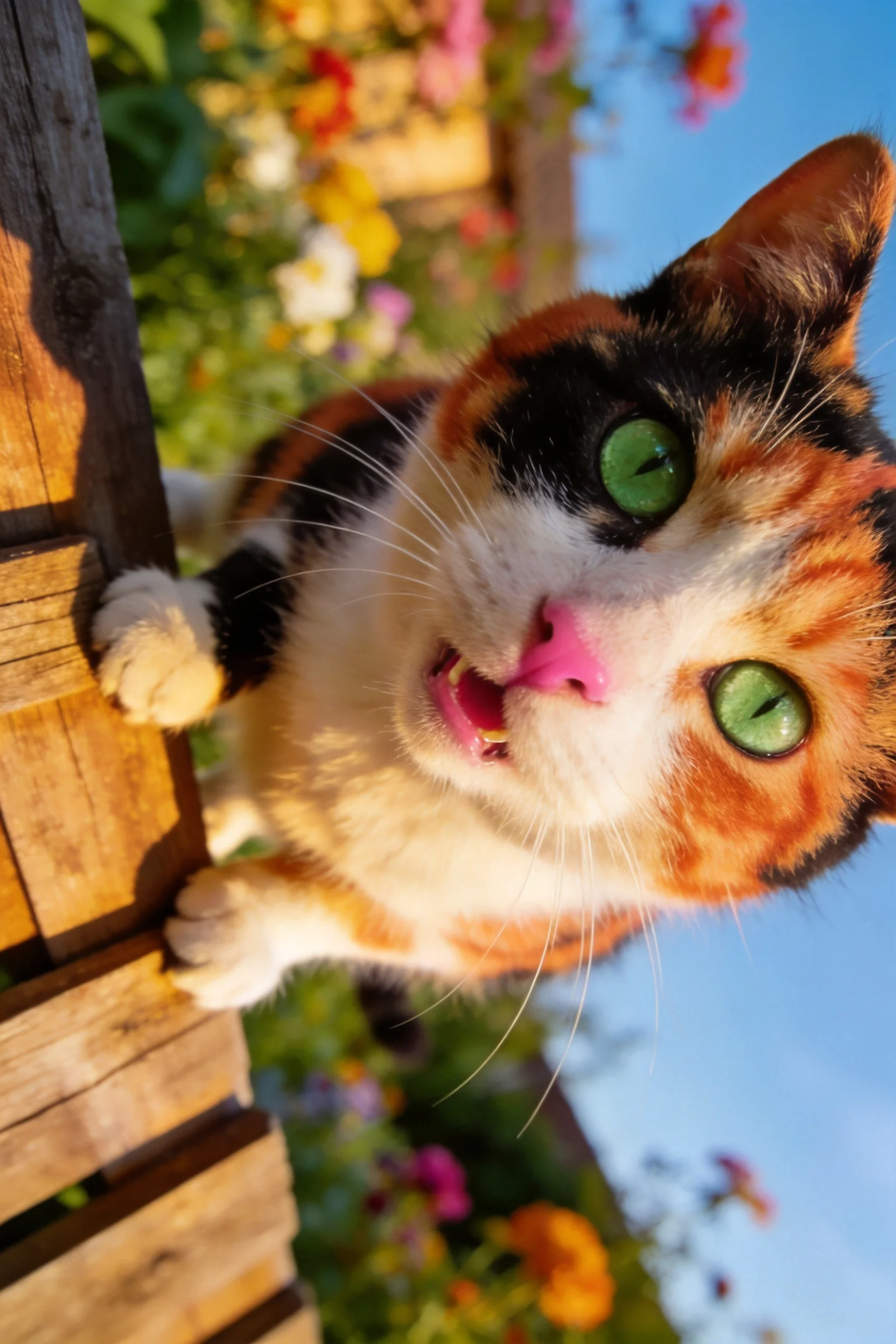 三色短毛猫抬头凝视镜头,绿色眼睛明亮,粉色鼻尖清晰可见。