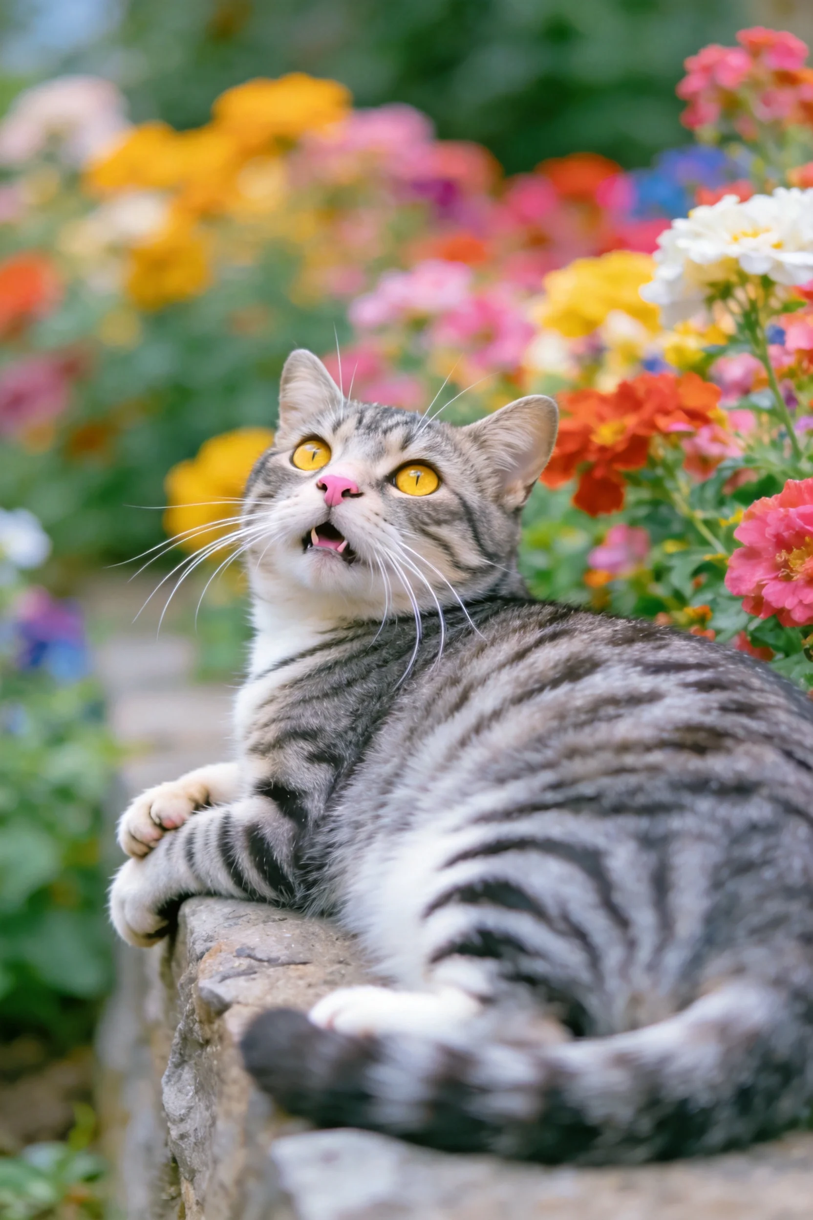 灰黑虎斑短毛猫趴在花园石栏上,拥有明亮的黄色眼睛和清晰的条纹毛发。