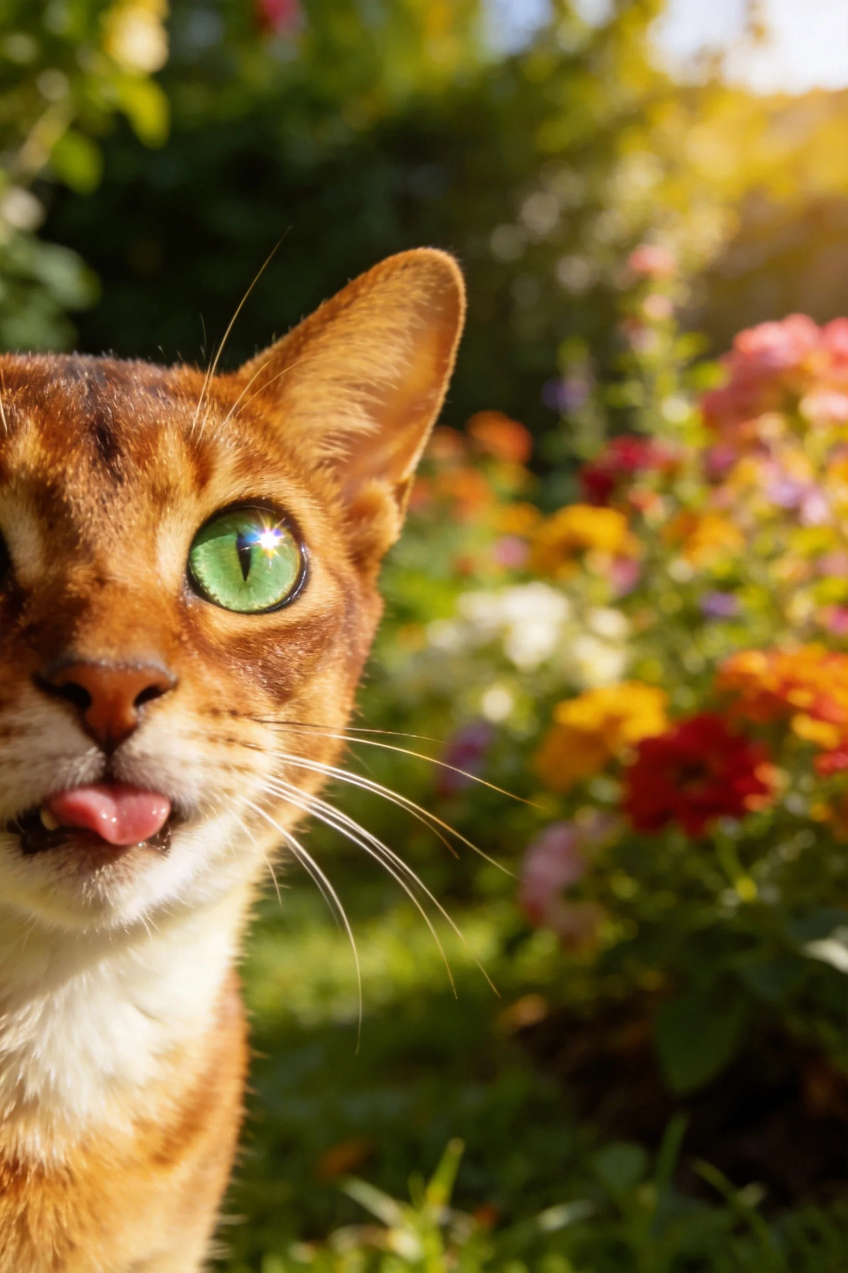 阿比西尼亚猫有着明亮的绿色眼睛和红棕色皮毛,舌头微微伸出,处于花园环境中。