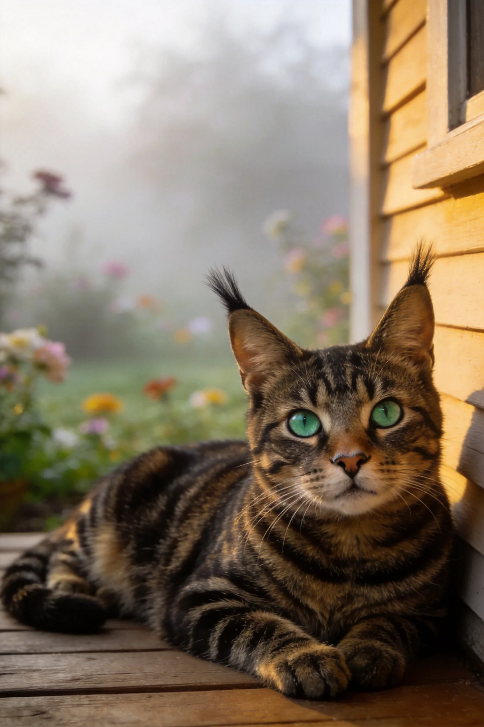 虎斑短毛猫有着绿色眼眸和耳部独特的竖立毛发,安静地趴在木质平台上。