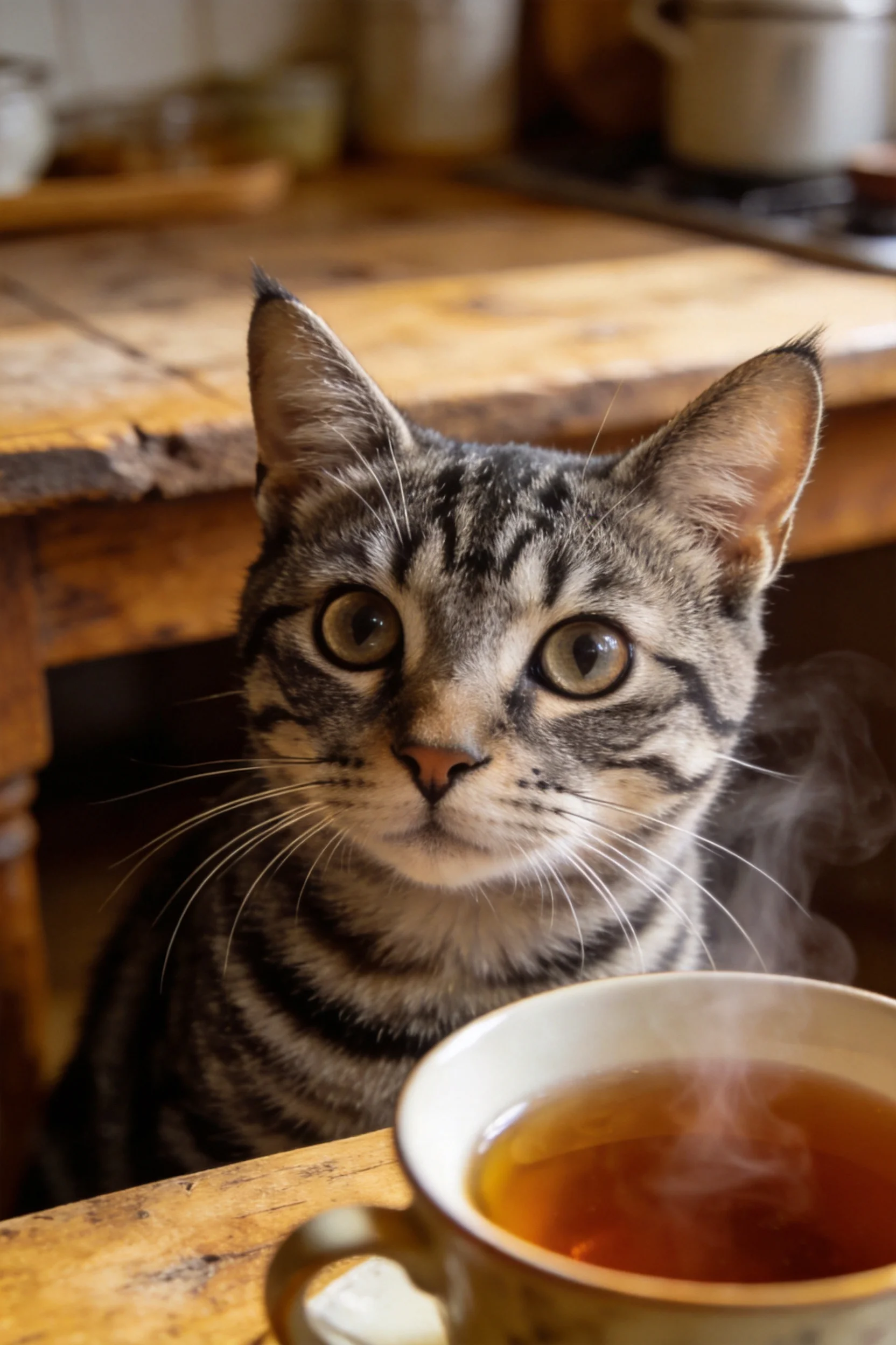 虎斑短毛猫正专注凝视前方，其黑灰相间的条纹与洁白胡须清晰可见。