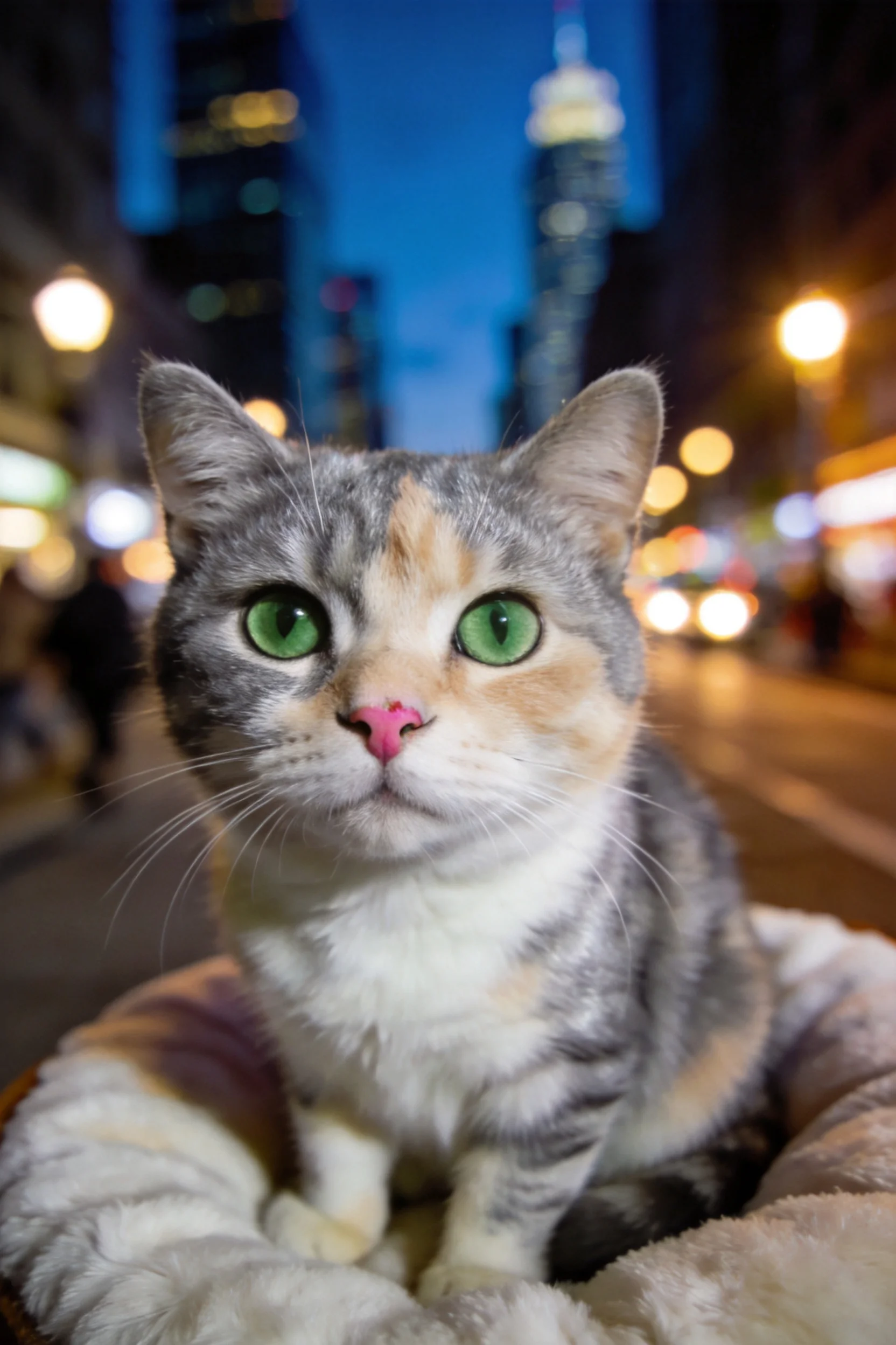 三色短毛家猫有着明亮的绿色眼睛,毛发柔软,坐在城市背景前的宠物床上。