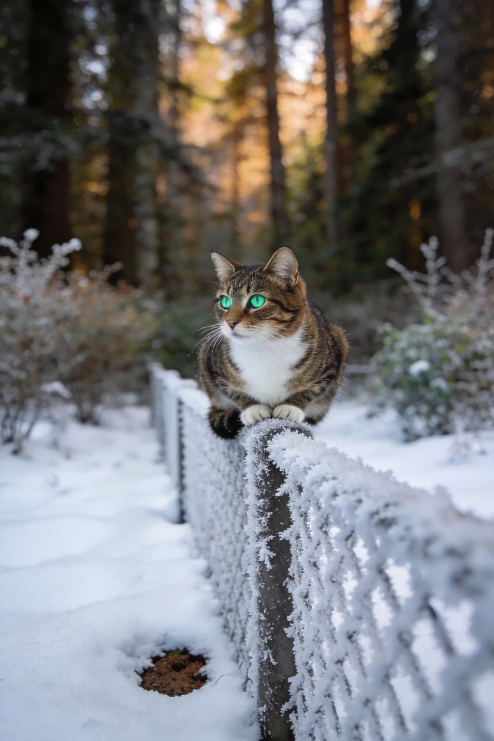 短毛虎斑家猫趴在覆有霜雪的铁丝网上,绿色眼眸明亮,皮毛呈典型虎斑纹理。