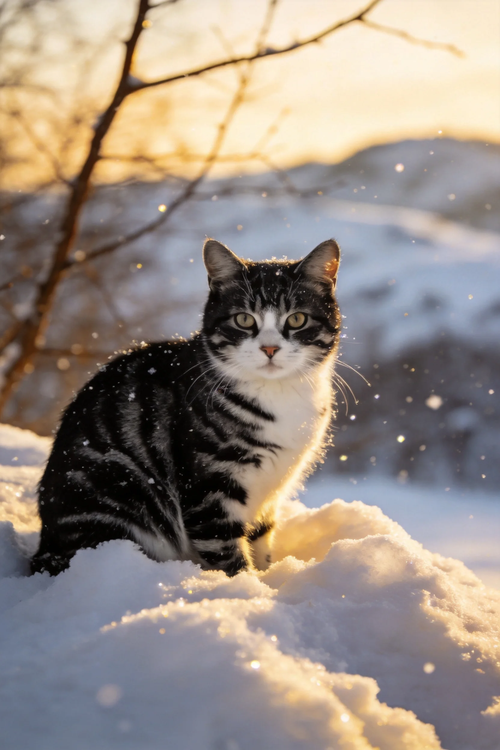 一只黑白相间的短毛家猫,毛发上有雪花,正安静地坐在雪地上。