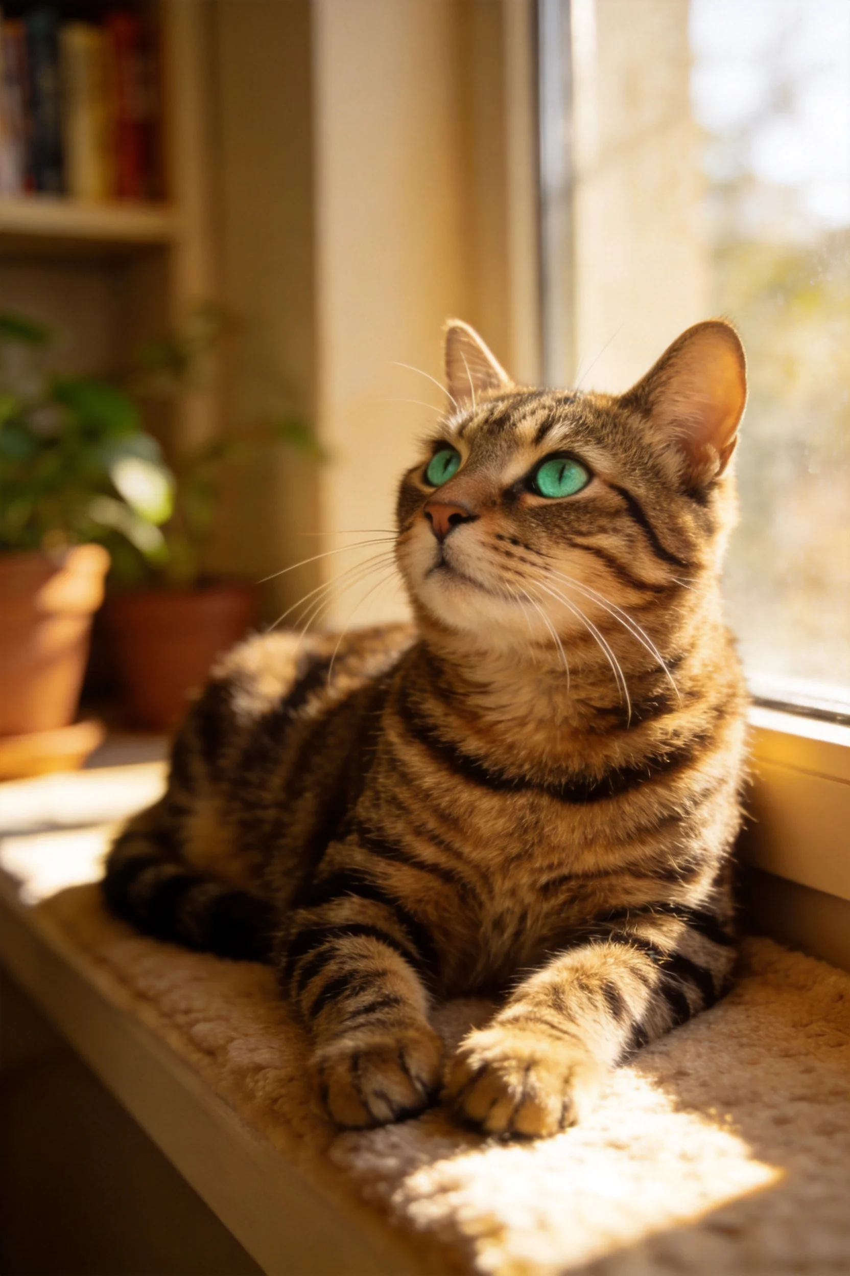 虎斑纹短毛猫趴在窗台上,有着绿色的眼睛和清晰的虎斑纹路。