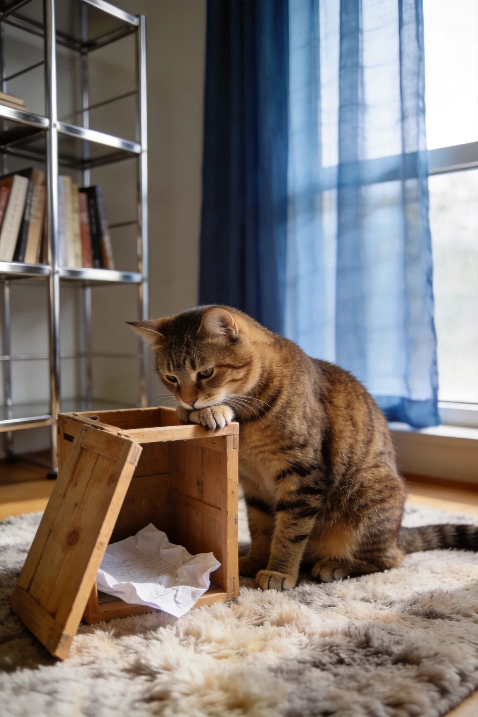 短毛虎斑猫前爪搭在木质容器边缘,专注凝视容器内纸张,橙棕色带深色条纹的皮毛在柔和光线中清晰呈现。