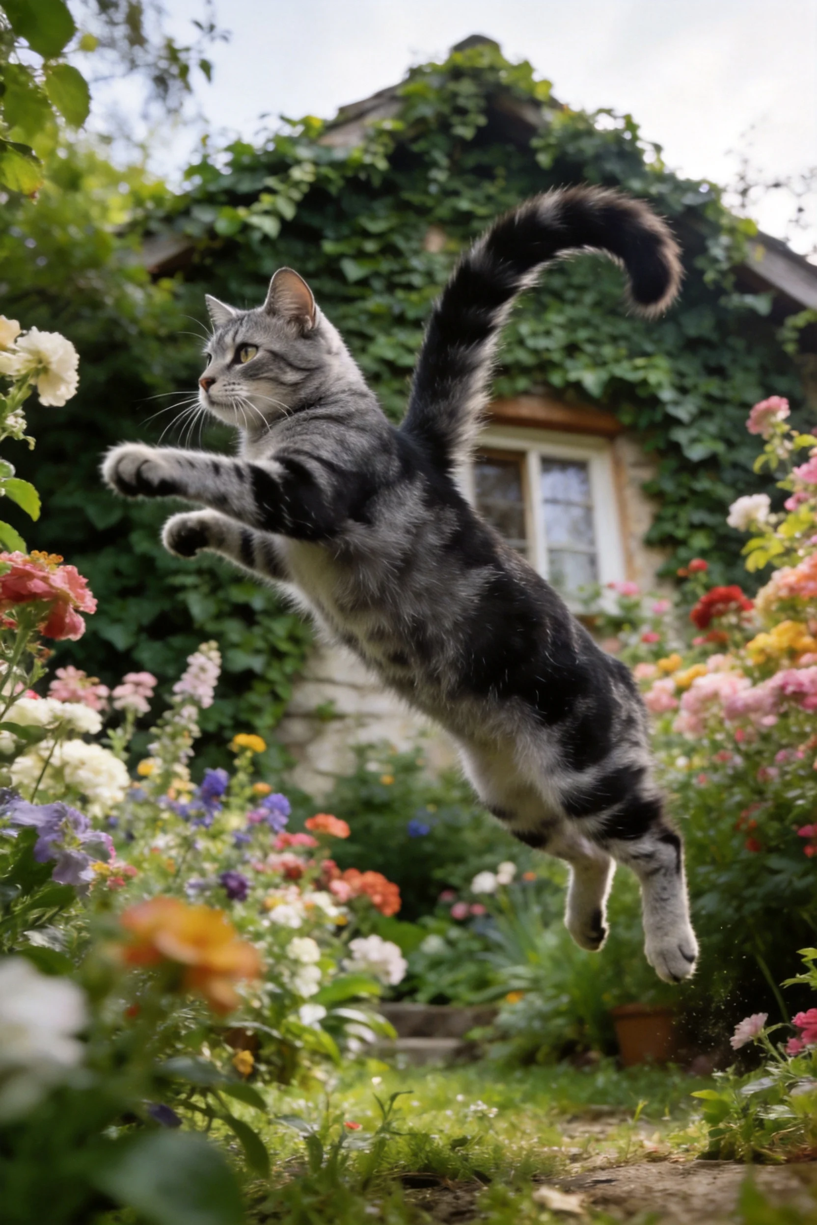 灰色虎斑短毛猫腾空跃向花园中色彩丰富的花卉,皮毛带有清晰条纹纹理。