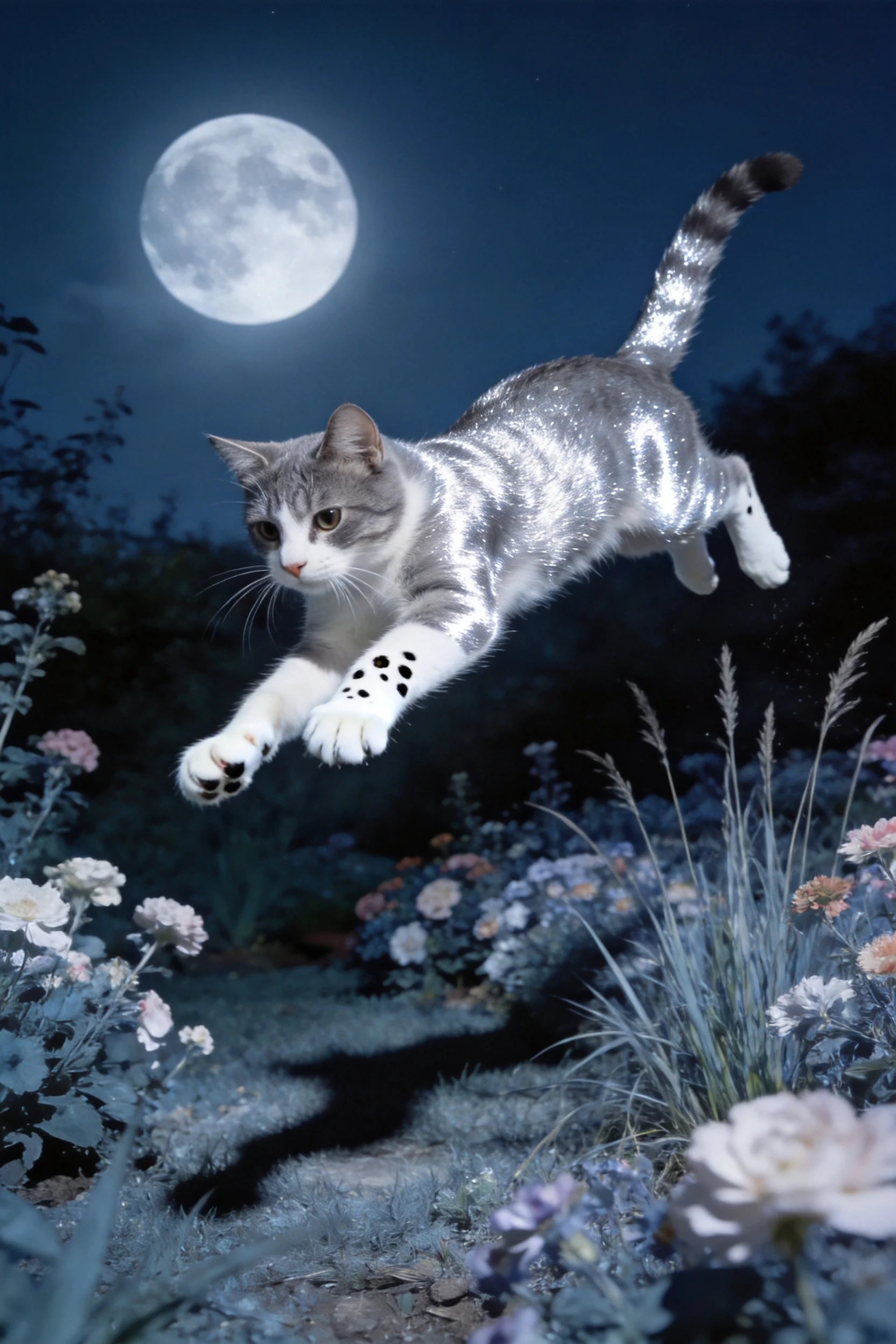 银灰白短毛家猫在月夜中跃起,爪部有黑色斑纹,皮毛在月光下泛着光泽。