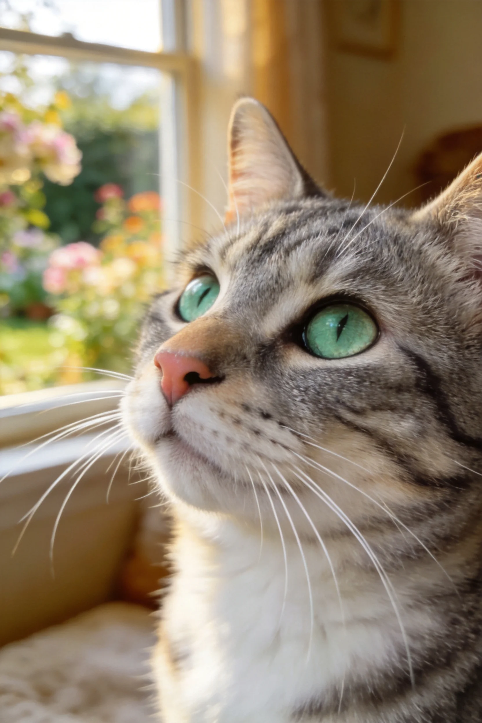 短毛虎斑猫凝视窗外,明亮的绿色眼睛与虎斑纹理清晰可见。