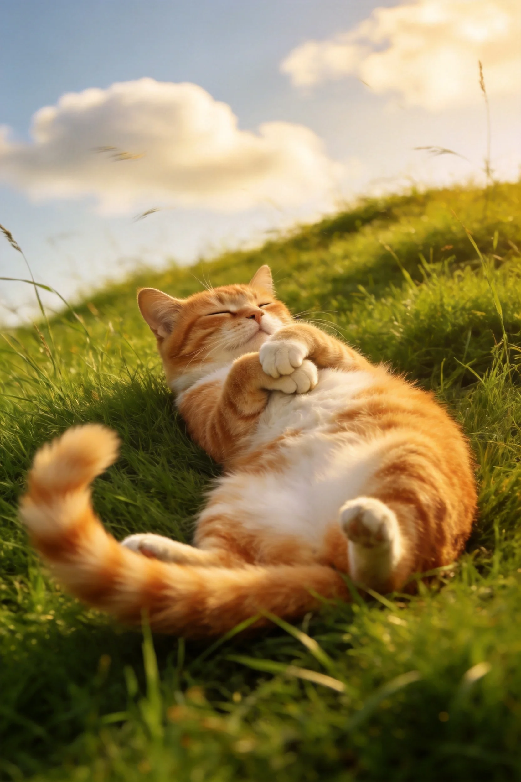 橘色短毛家猫闭眼躺卧在绿色草地上,橙白相间的皮毛柔软蓬松。