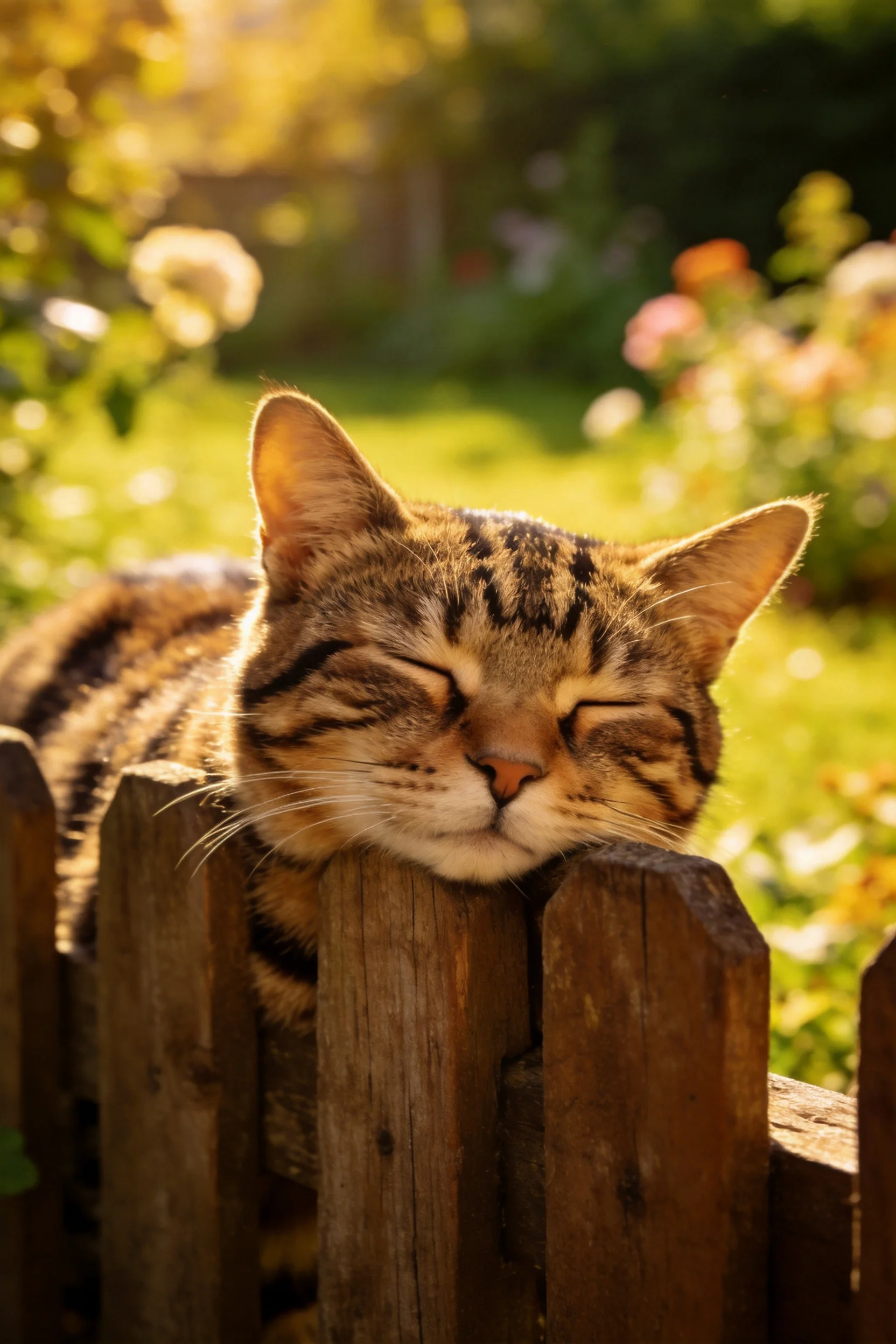 虎斑猫闭眼趴在木栅栏上，毛发有清晰的虎纹图案，胡须明显。